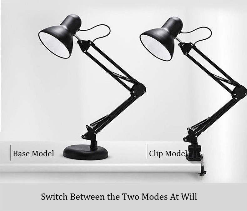Two black architect desk lamps shown with base and clamp mounting options against a plain background