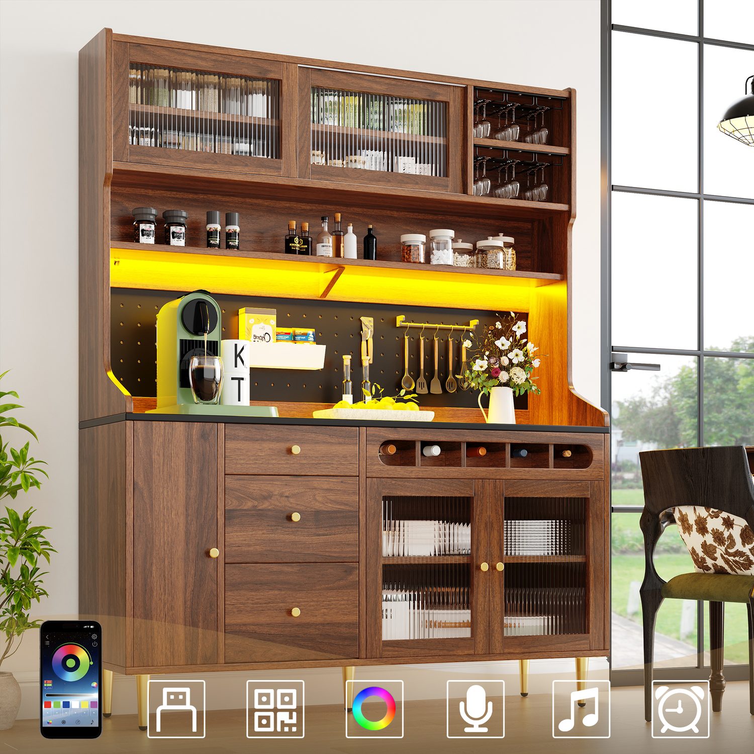 Walnut-finish 145cm highboard cabinet with sliding glass doors, integrated wine rack and ambient LED lighting