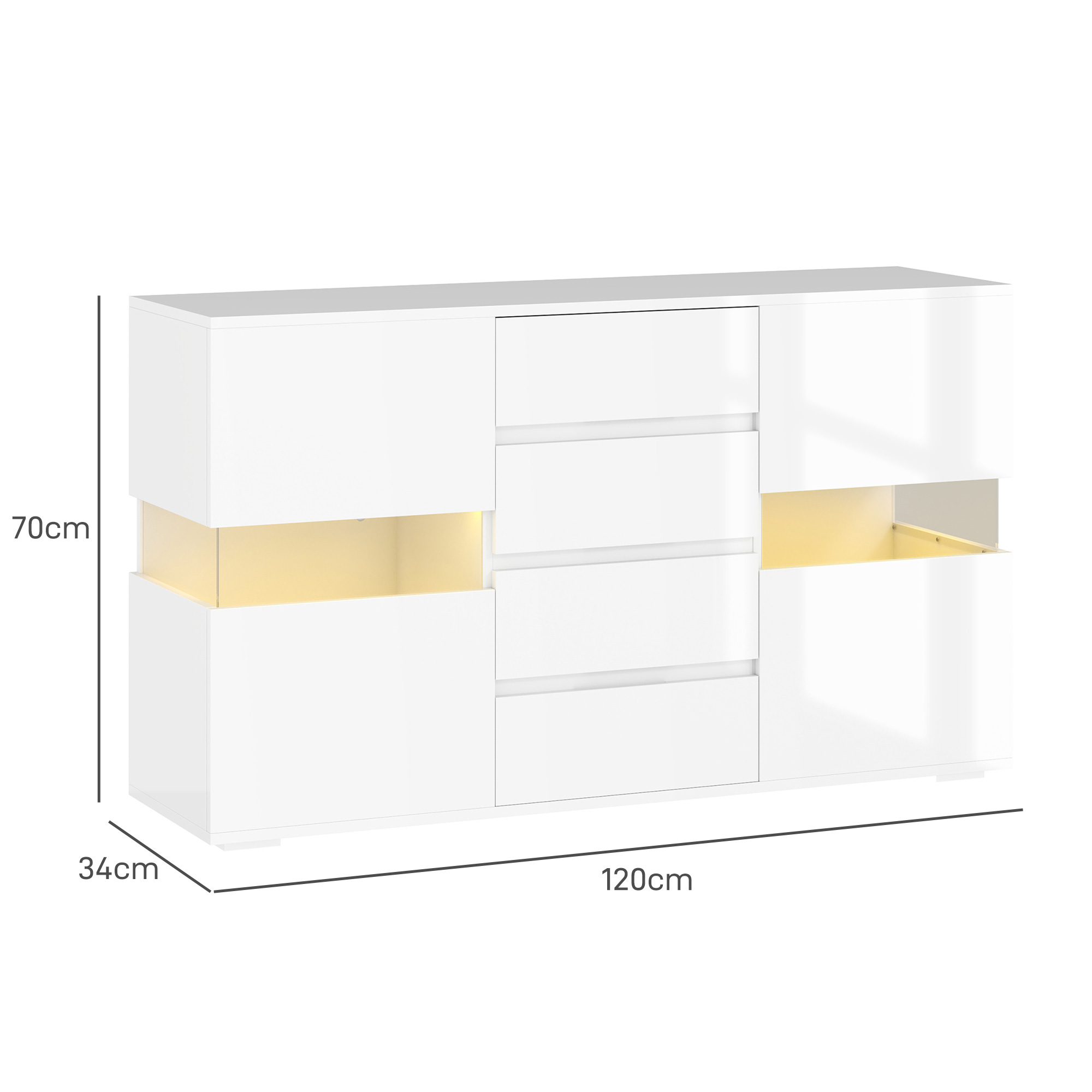 High Gloss White LED Sideboard with 4 Drawers and Lit Open Shelves