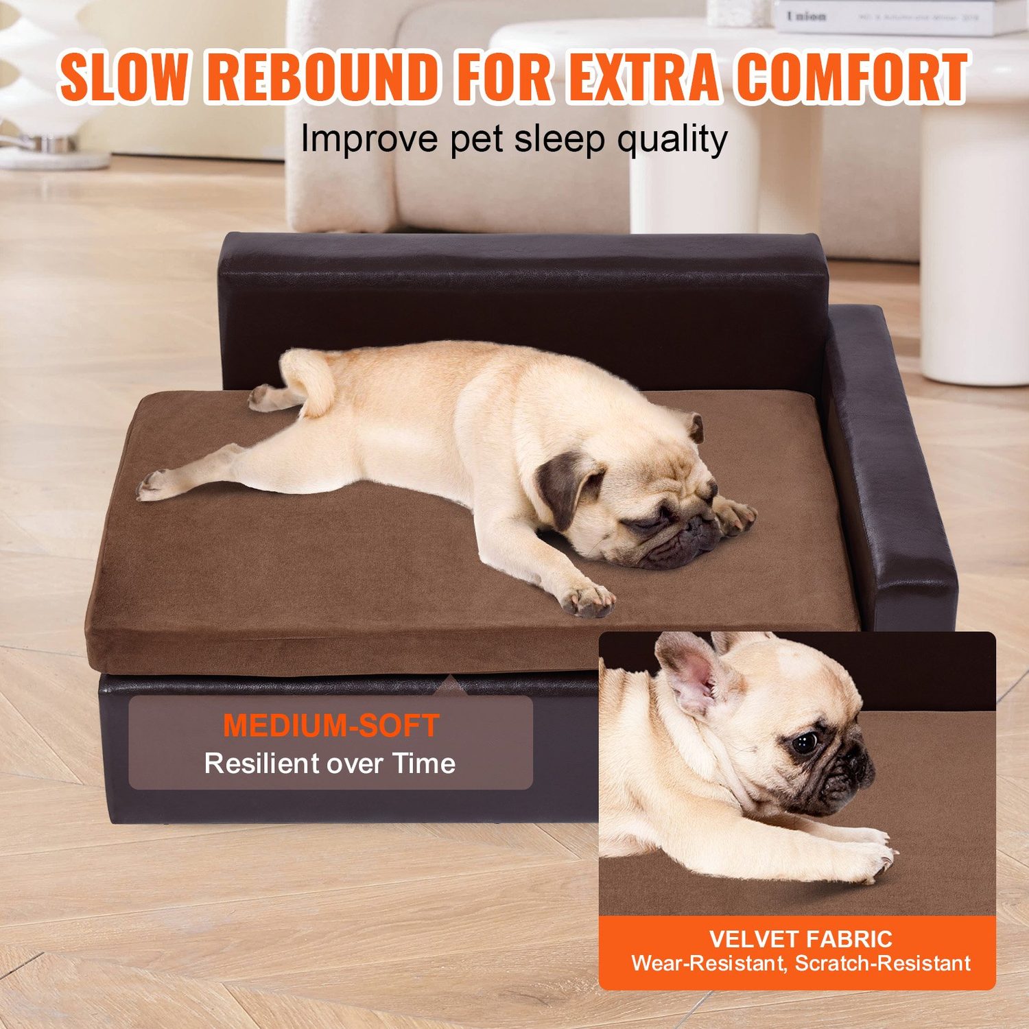 Black faux-leather pet sofa with two under-seat storage cabinets and a fawn pug resting on a brown velvet cushion