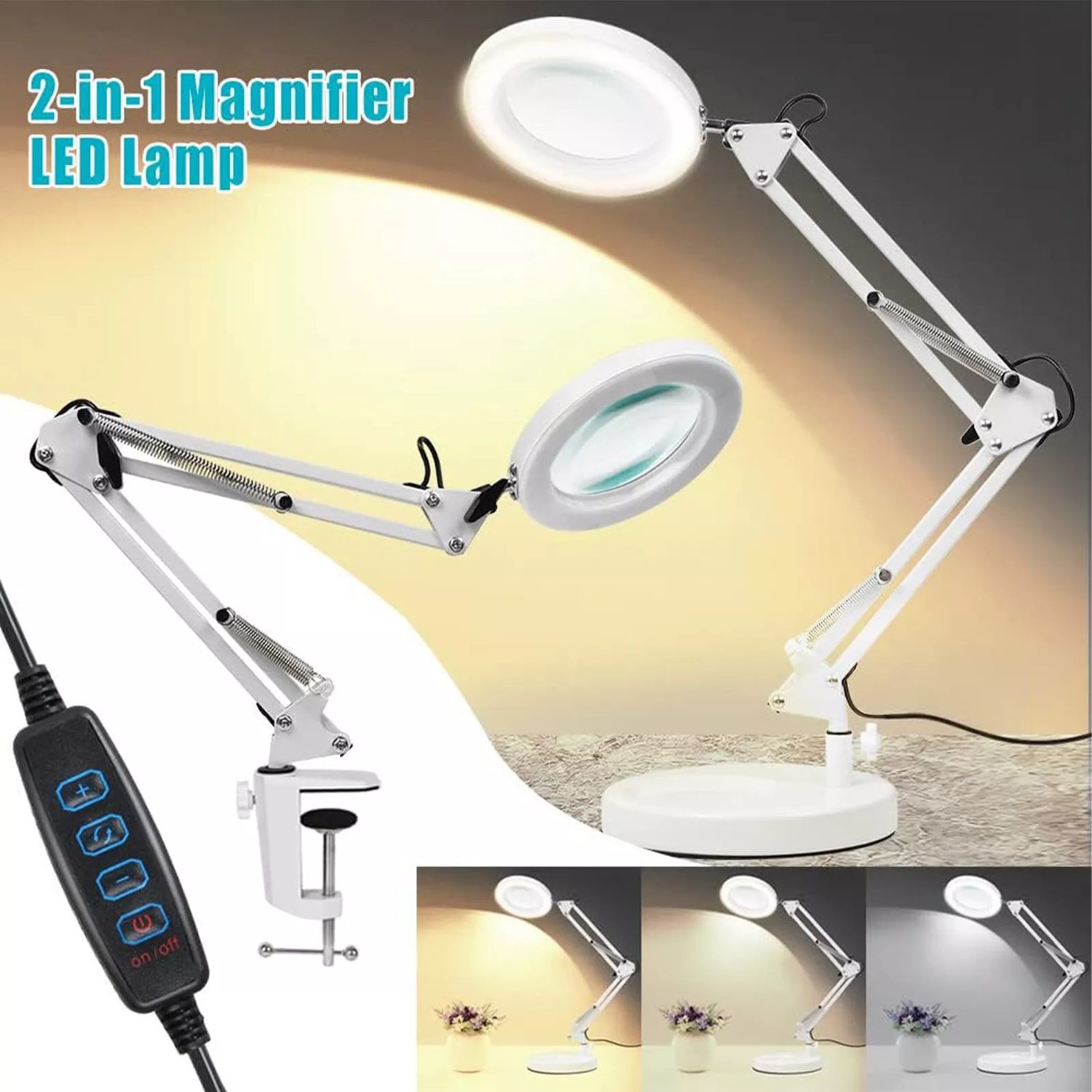 10X magnifying glass desk lamp with multiple colour temperature settings and a wired remote control