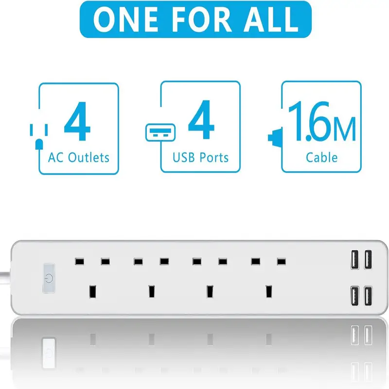 A vertical four-gang extension tower with four USB-A ports and a master switch.