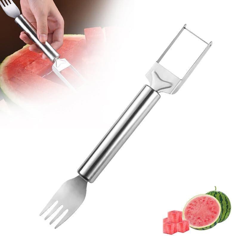 Stainless steel watermelon slicer with wire cutting head and fork on the back