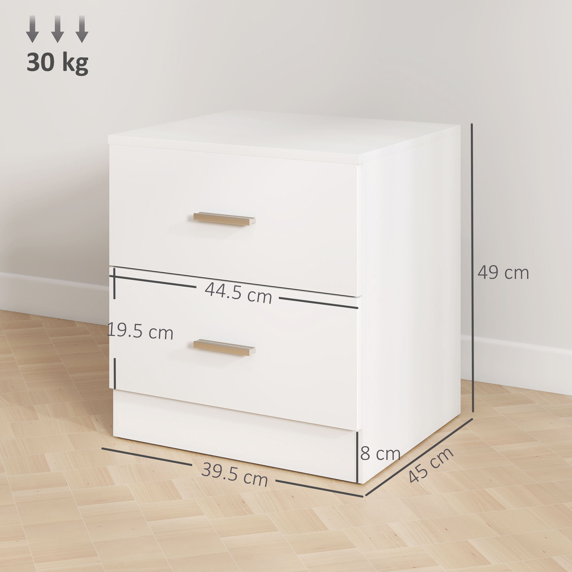 A Clean White Bedside Table With Two Drawers and a Flat Top