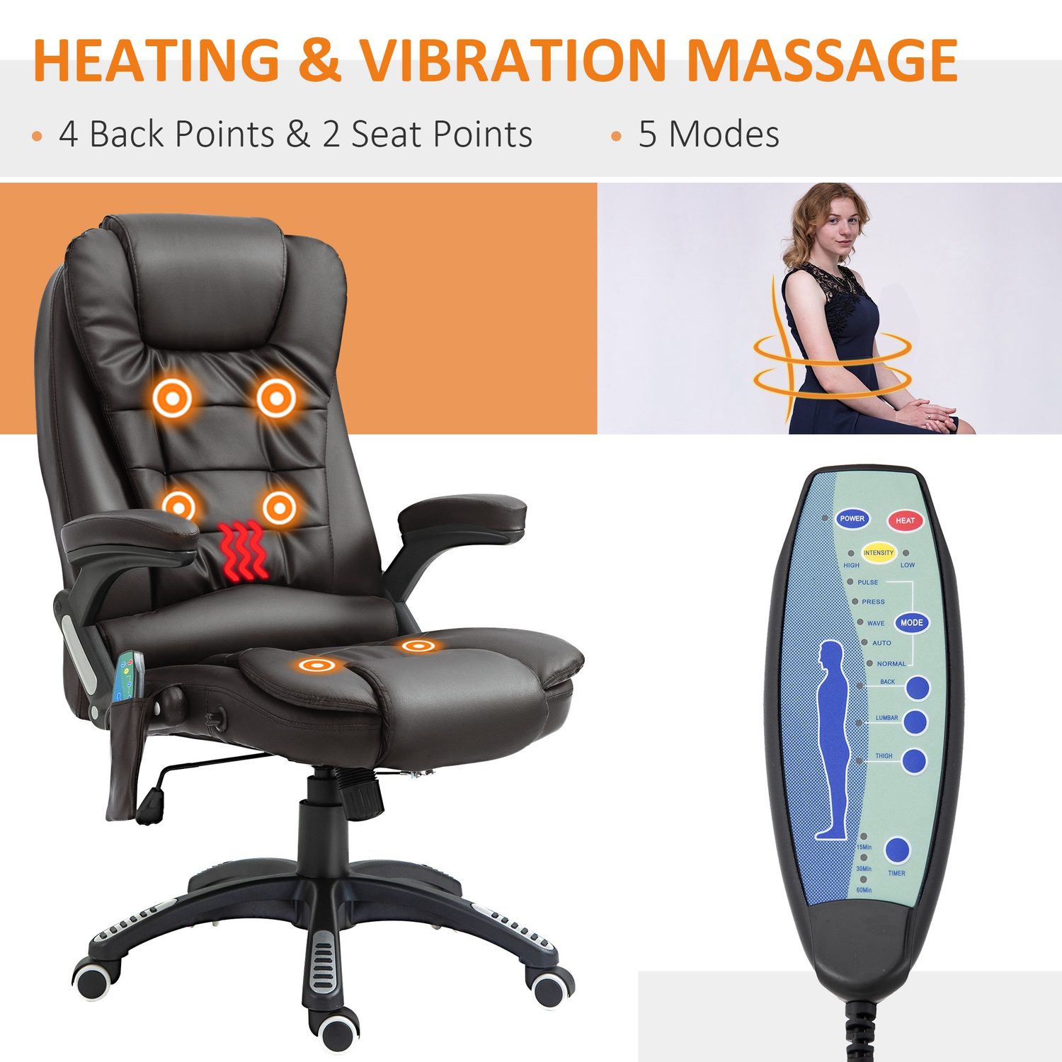 Brown PU leather massage office chair with heated lumbar and reclining backrest in UK home office