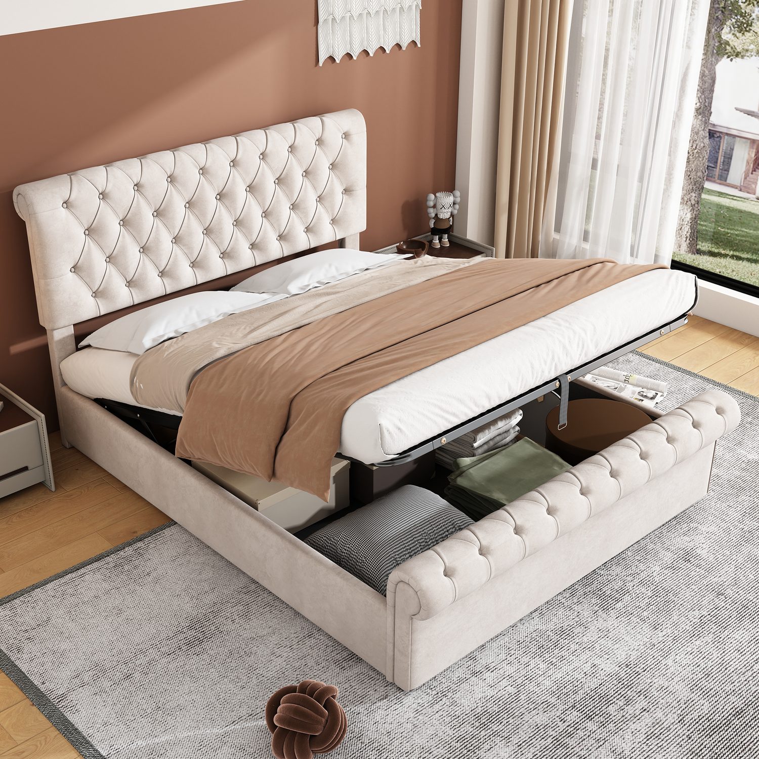 King-size velvet sleigh bed with button-tufted headboard and ottoman storage in beige