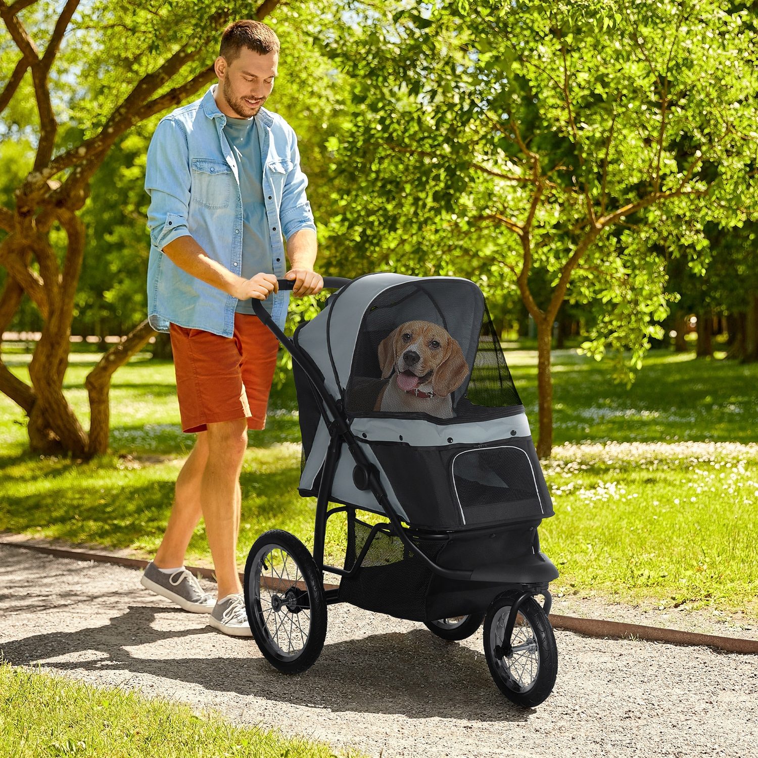 Foldable Three-Wheel Pet Stroller - Grey