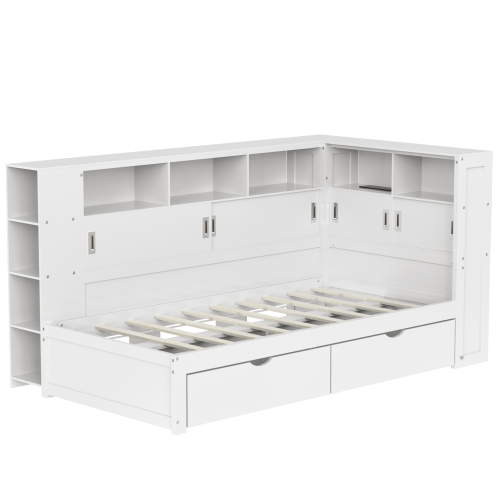 White Single Cabin Bed with Trundle, Storage and USB Ports