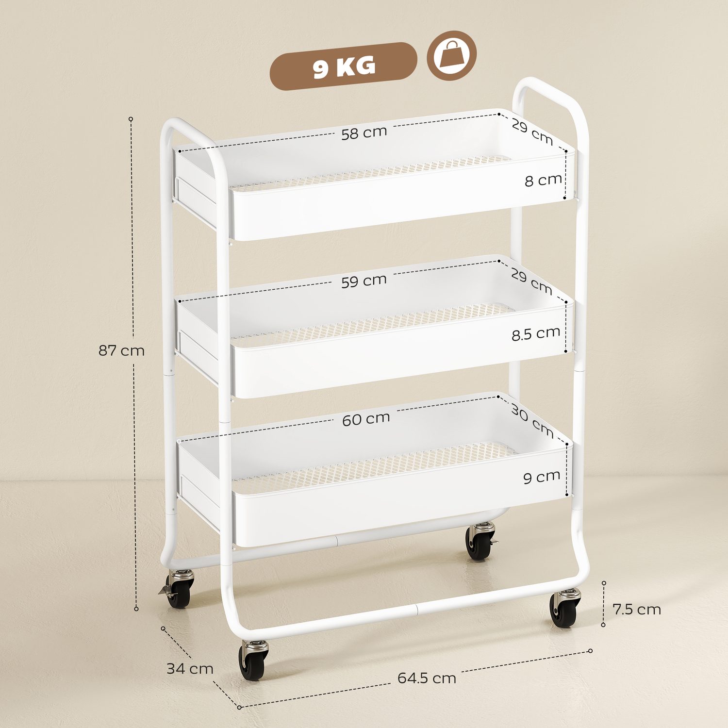 White 3-Tier Rolling Storage Trolley — Kitchen, Bathroom or Bedroom