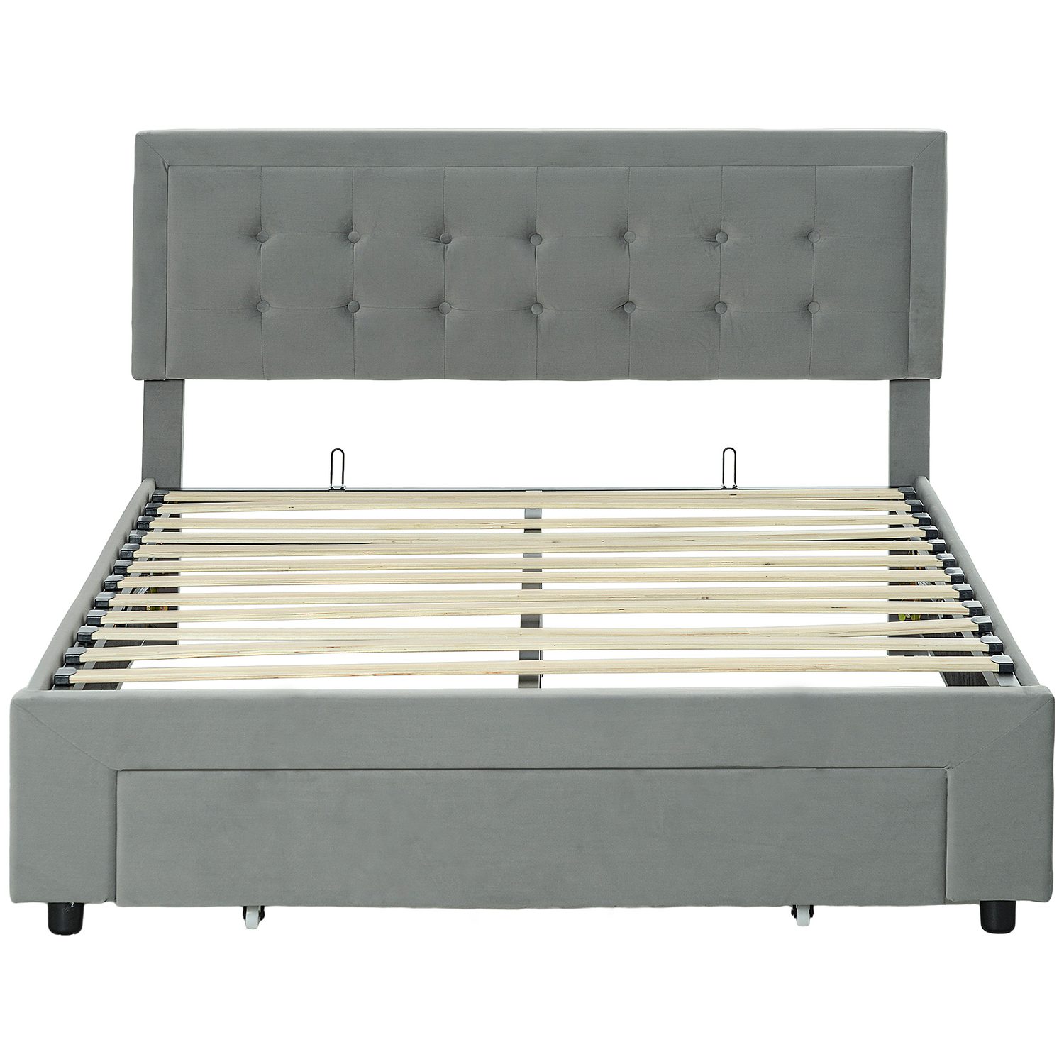 Grey velvet double ottoman bed with wheeled front drawer