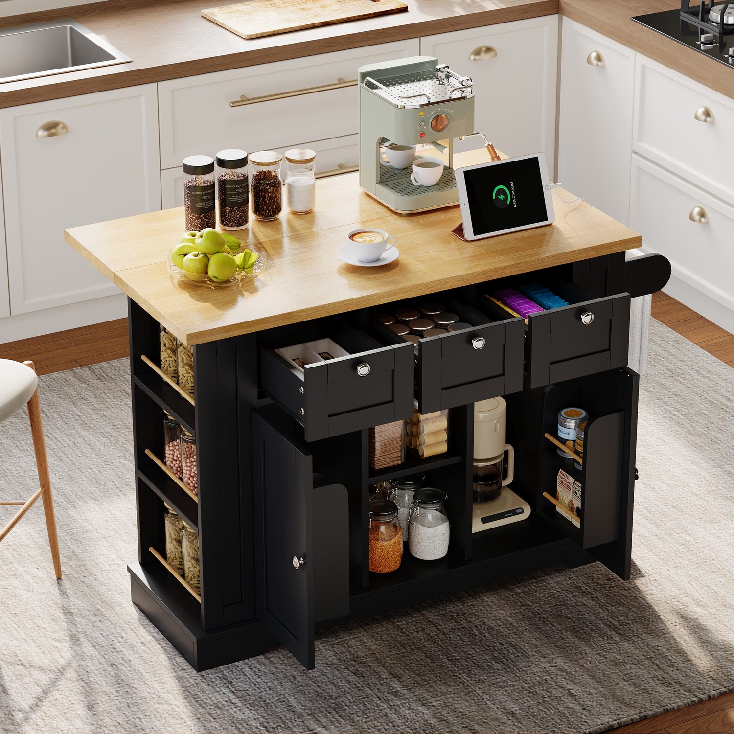 Farmhouse-style kitchen island with integrated power socket and extendable dropleaf
