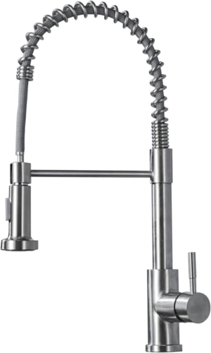 Stainless steel kitchen tap with an exposed industrial spring neck and pull-out spray head