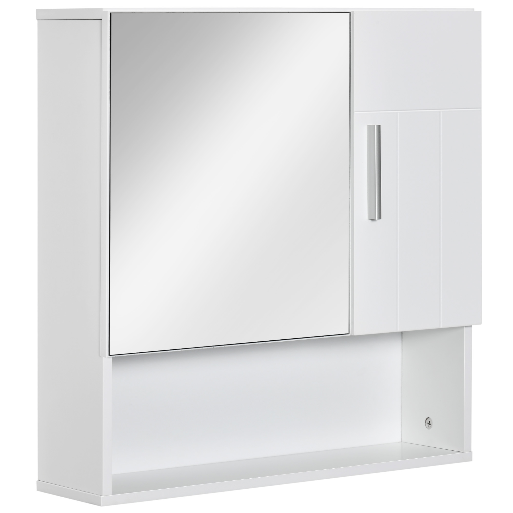 White wall mounted mirror cabinet with open lower shelf