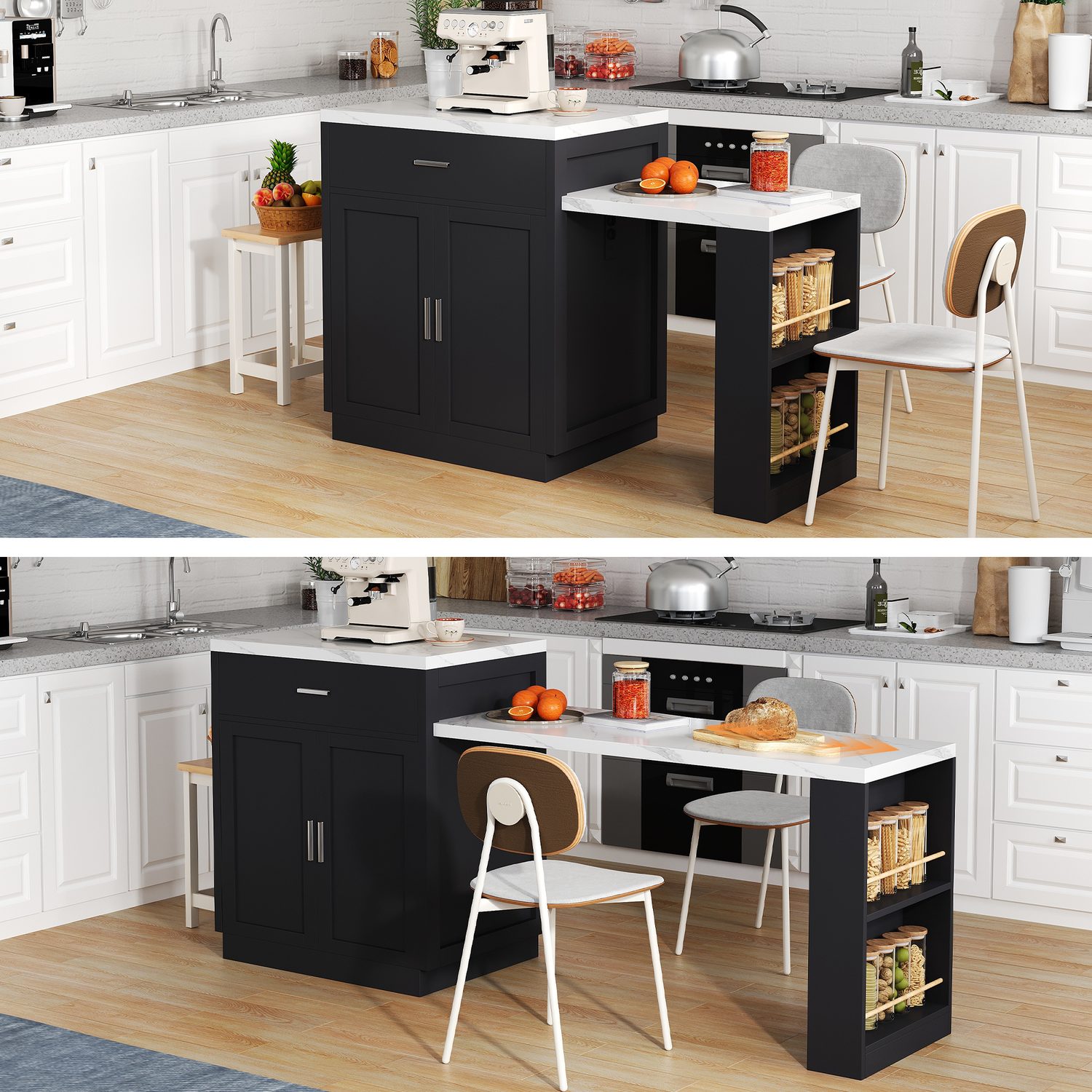 Extendable Kitchen Island with Seating for 6 & USB Charging