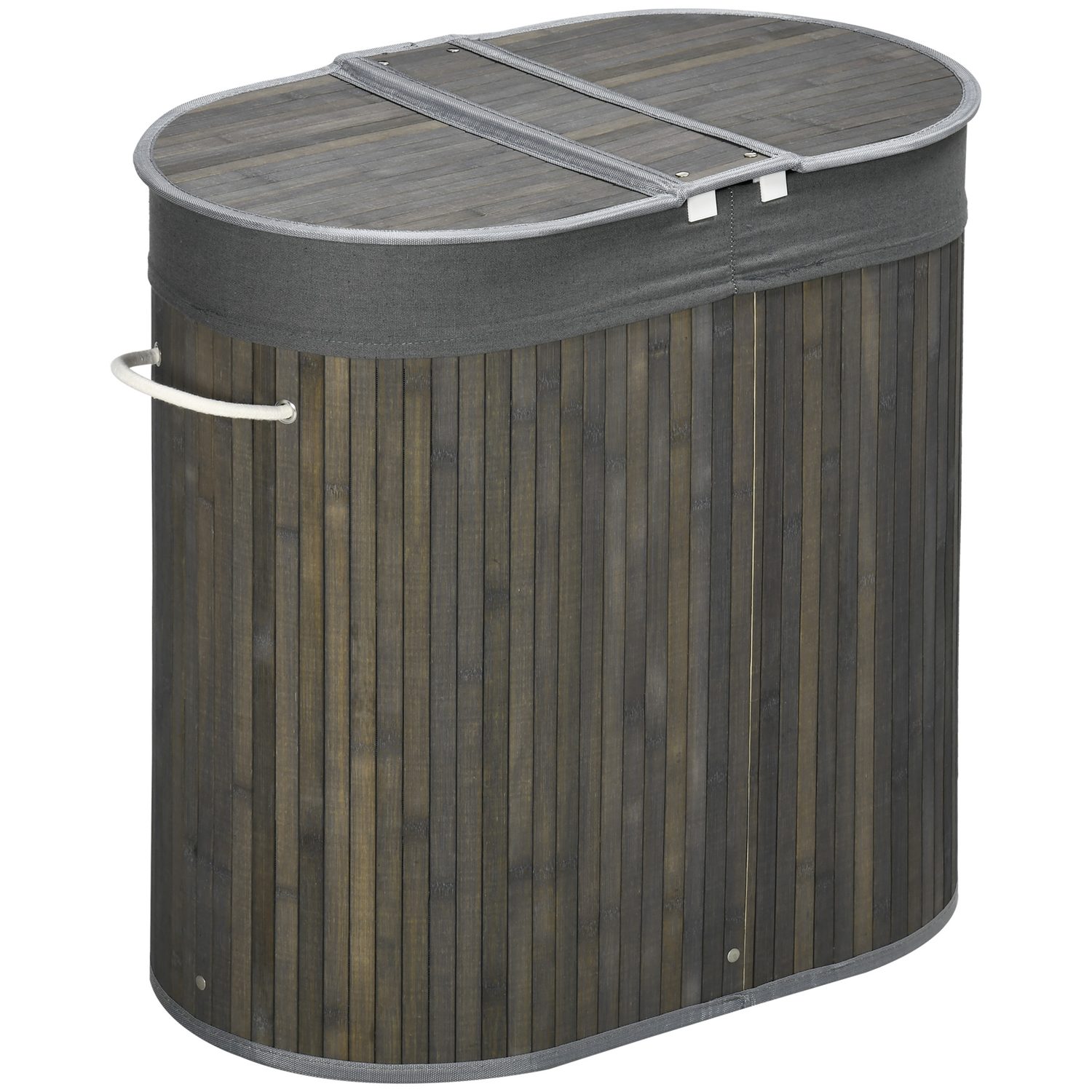 Grey bamboo two-section laundry basket