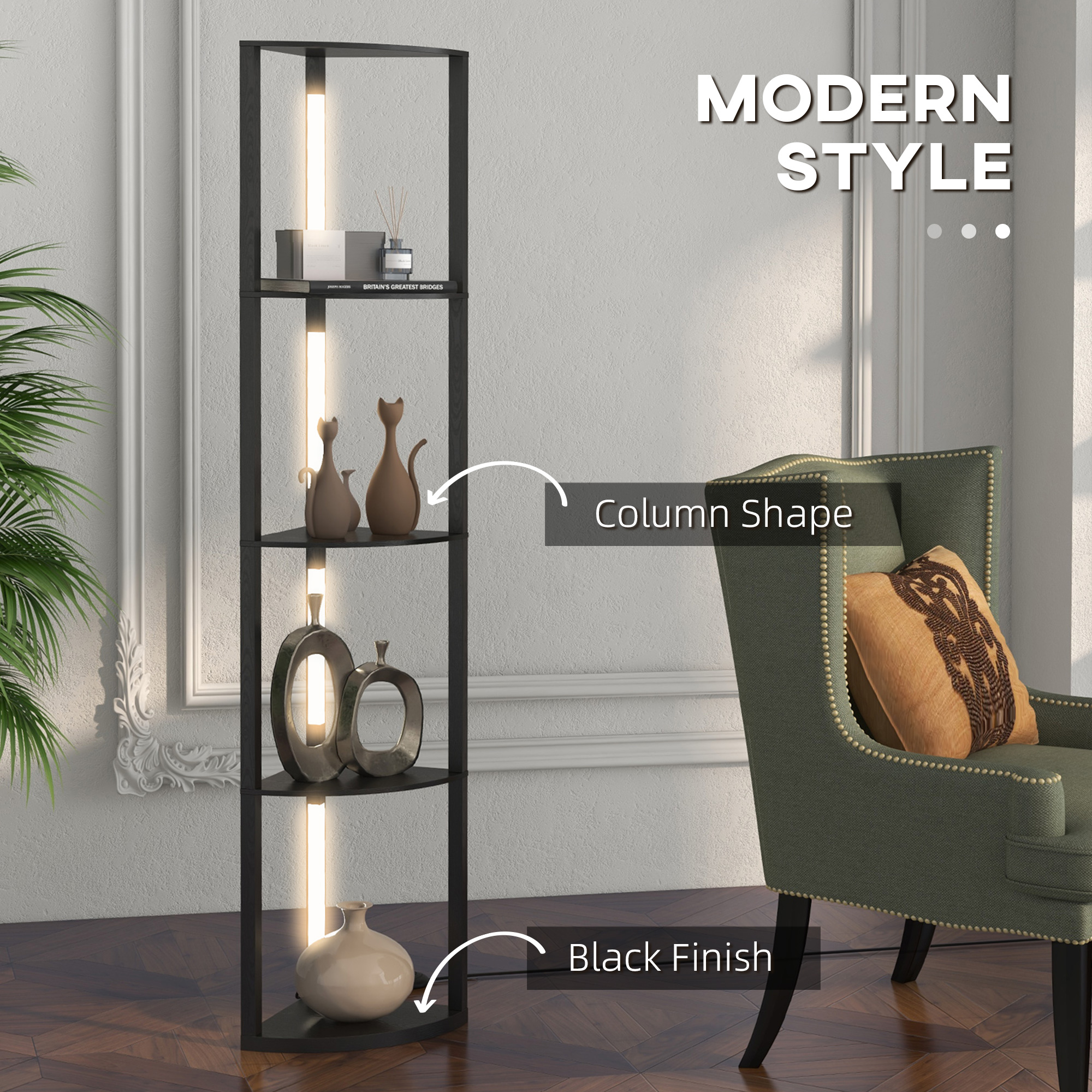 Modern Dimmable LED Corner Floor Lamp with Display Shelves