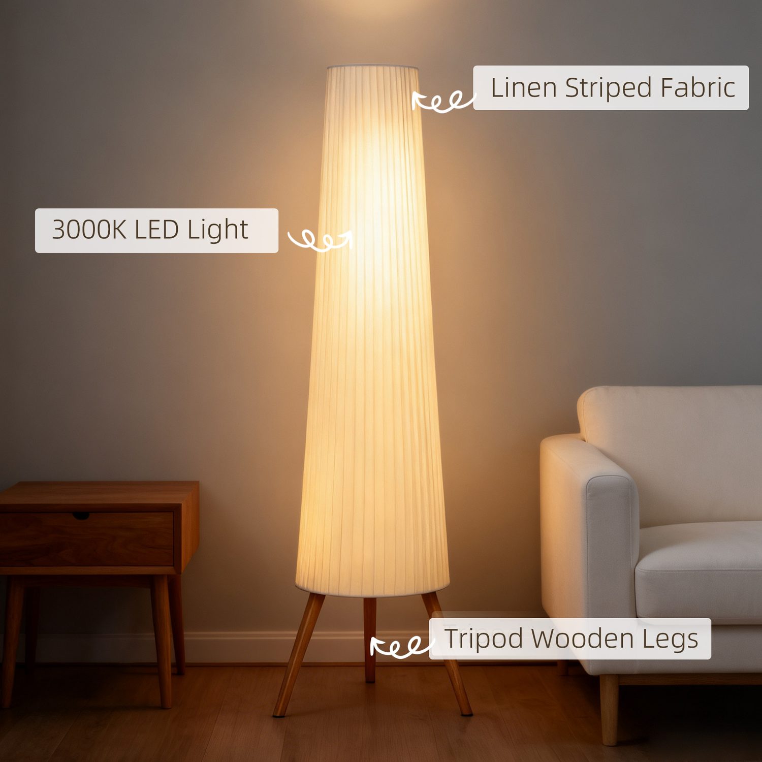 Soft, dimmable tripod floor lamp for calm rooms