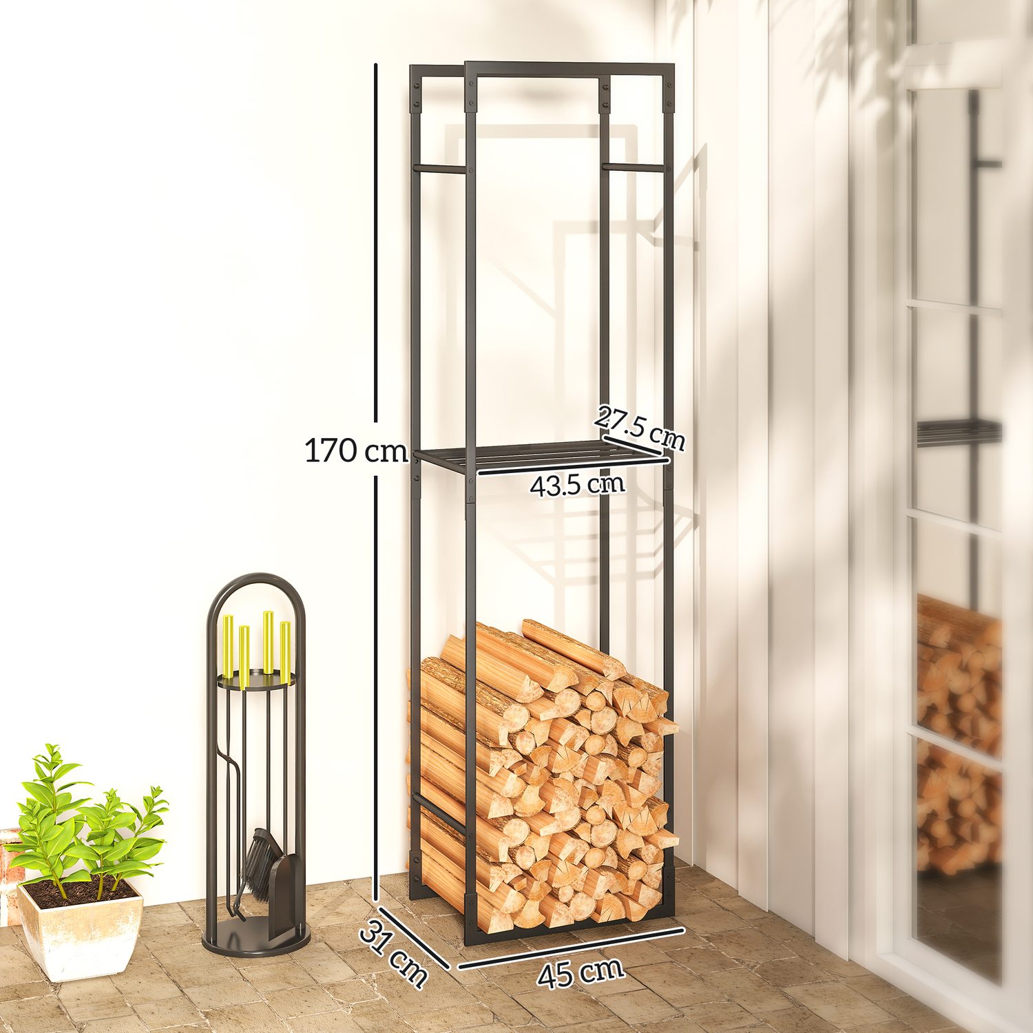 Tall black log holder for tidy fireside storage