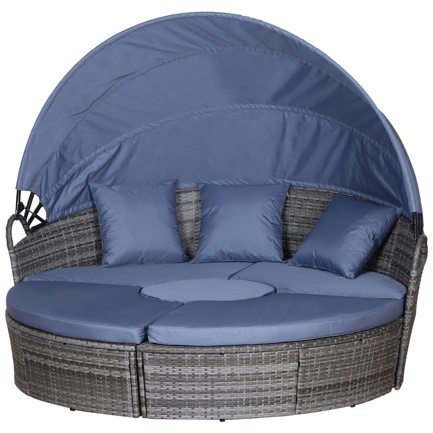 Round PE rattan garden daybed with retractable canopy and cushions