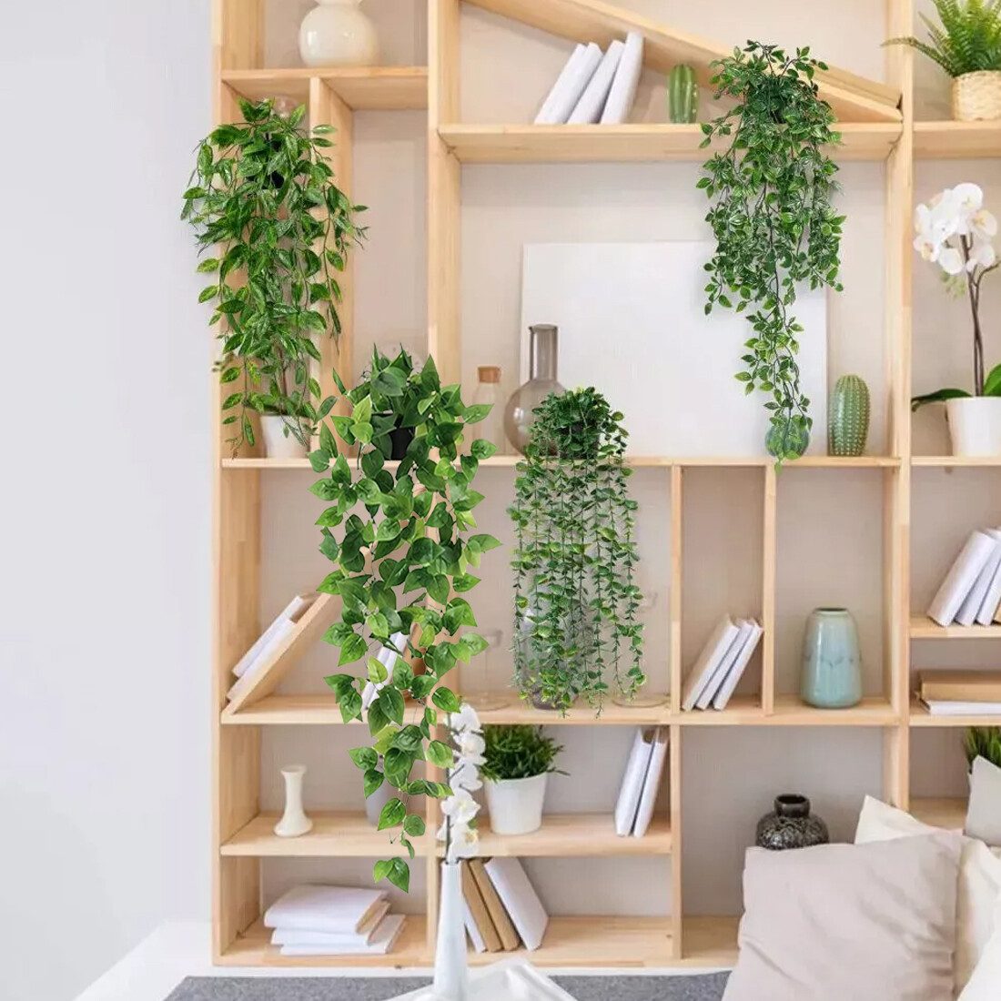 Four Trailing Faux Plants in Wall Pots for Easy Indoor Greenery