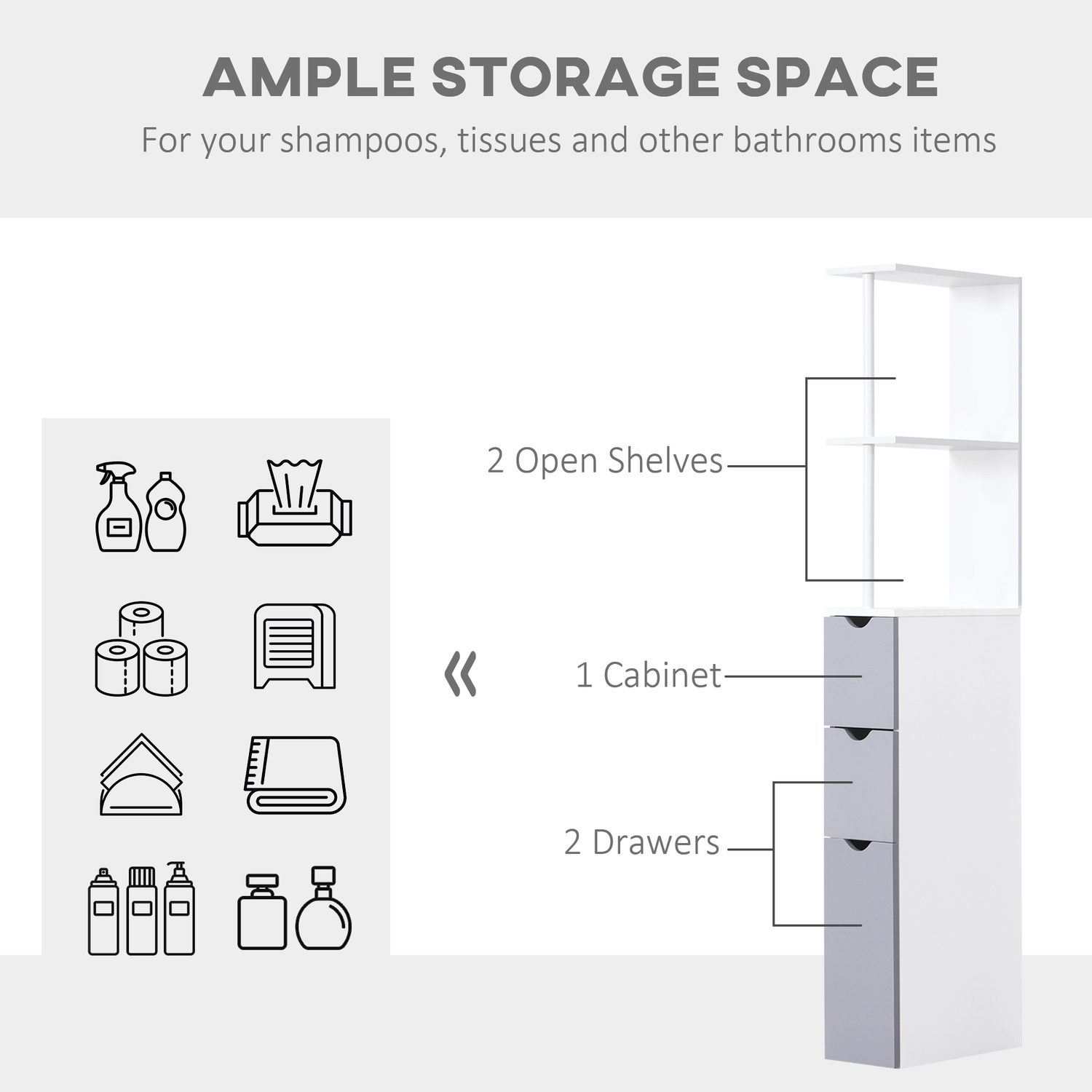 Narrow Bathroom Storage Tower with Open Shelves and Drawers