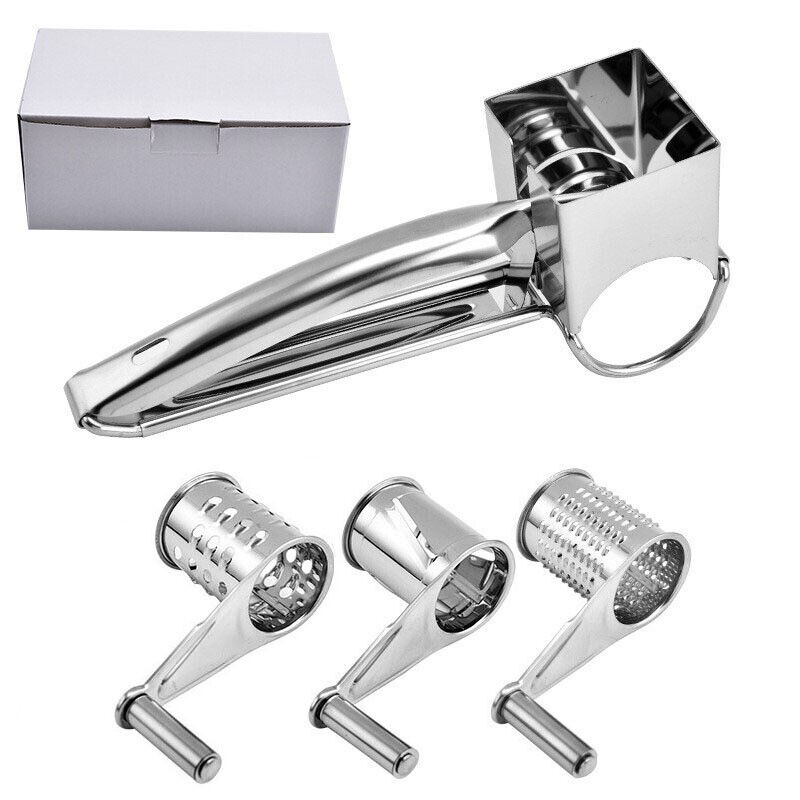 Stainless rotary cheese grater with thumb ring and interchangeable drums
