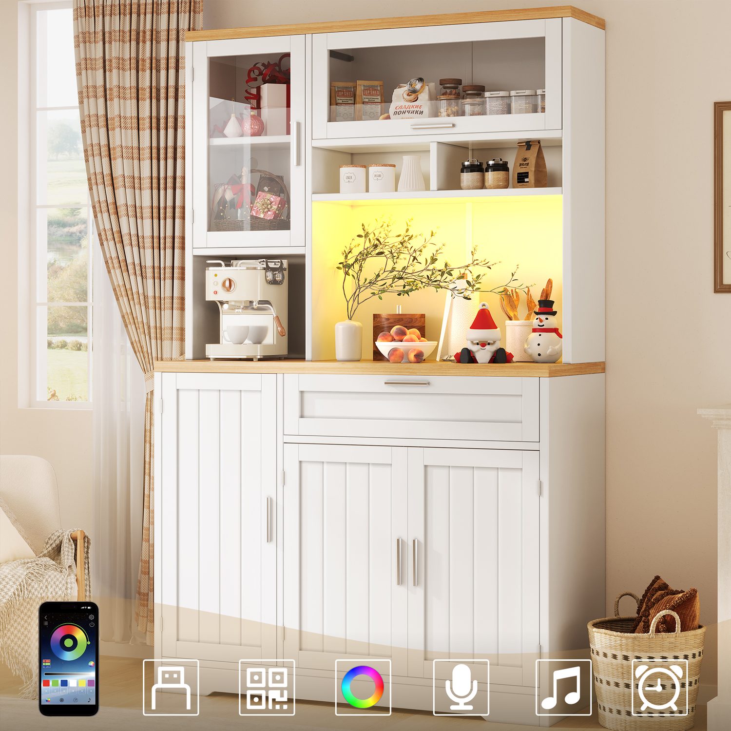 Two-tone white and black 180cm tall display cabinet with glass uppers, central work surface and lower storage