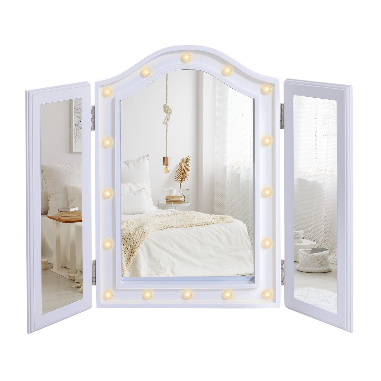 A tri-fold vanity mirror with 16 LED bulb lights in white