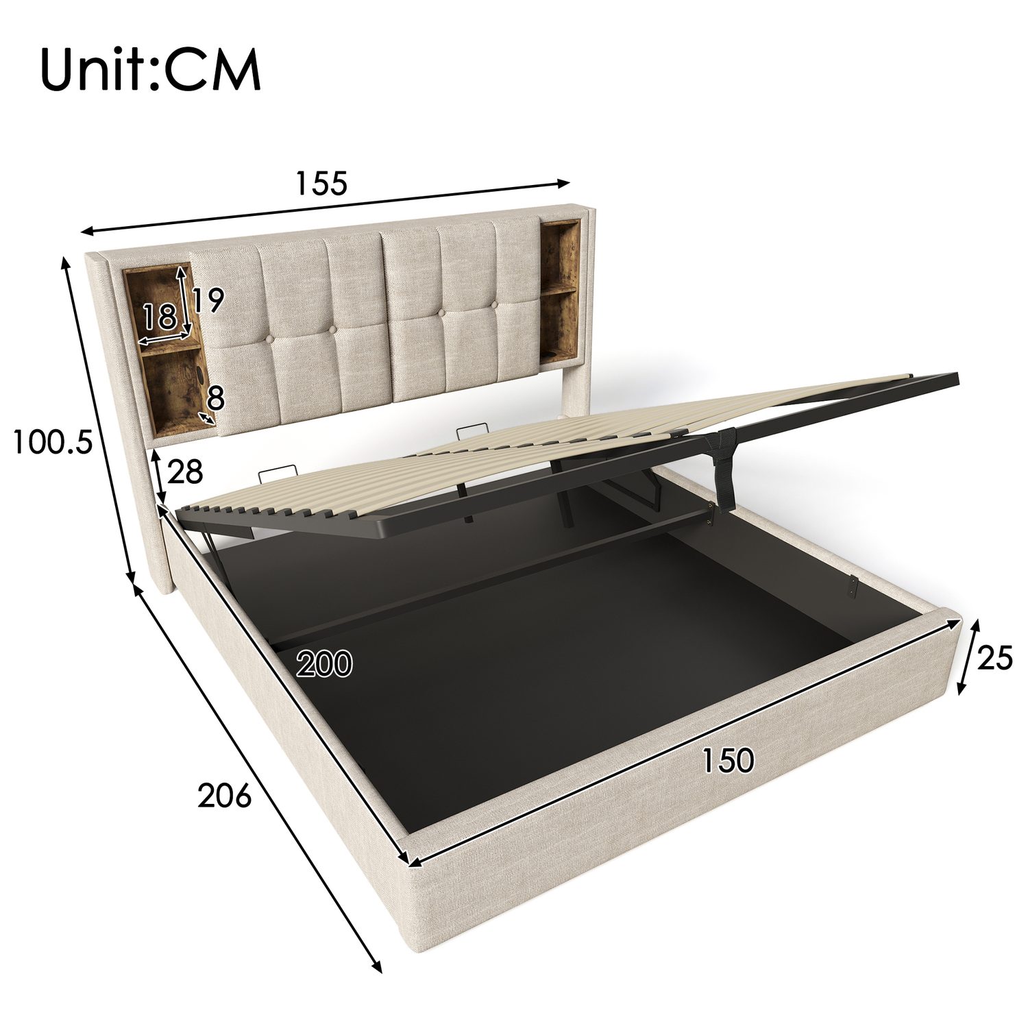 King-size upholstered bed with wireless charging pad and USB-C port in the headboard