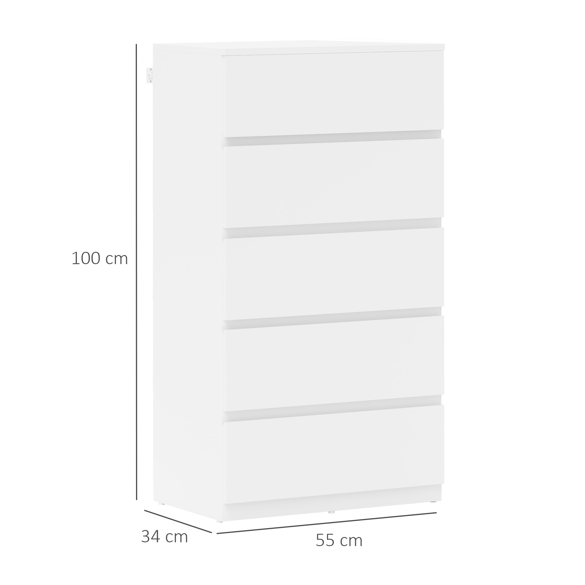 Modern five-drawer white handleless chest of drawers with recessed grip detail