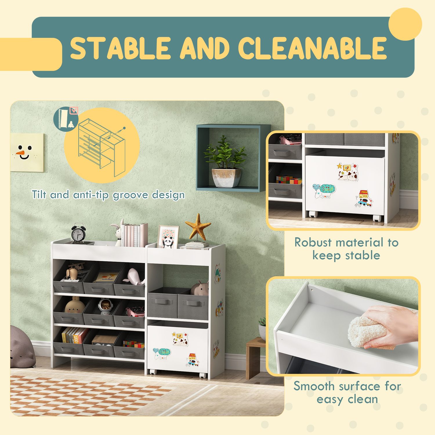 White Toy Storage Unit — 11 Fabric Bins, Top Shelves and Cabinet