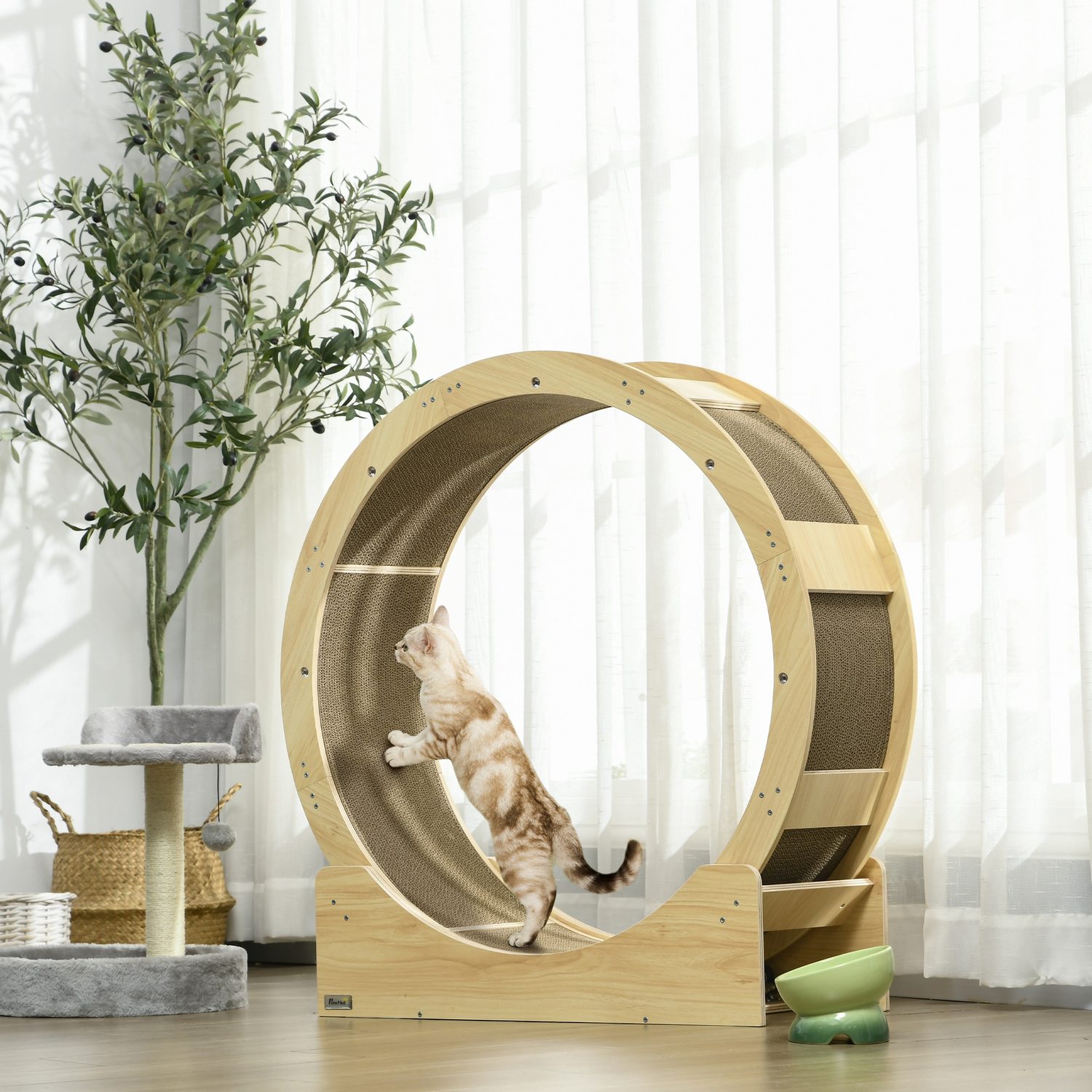 Wooden Cat Exercise Wheel with Integrated Scratching Pads