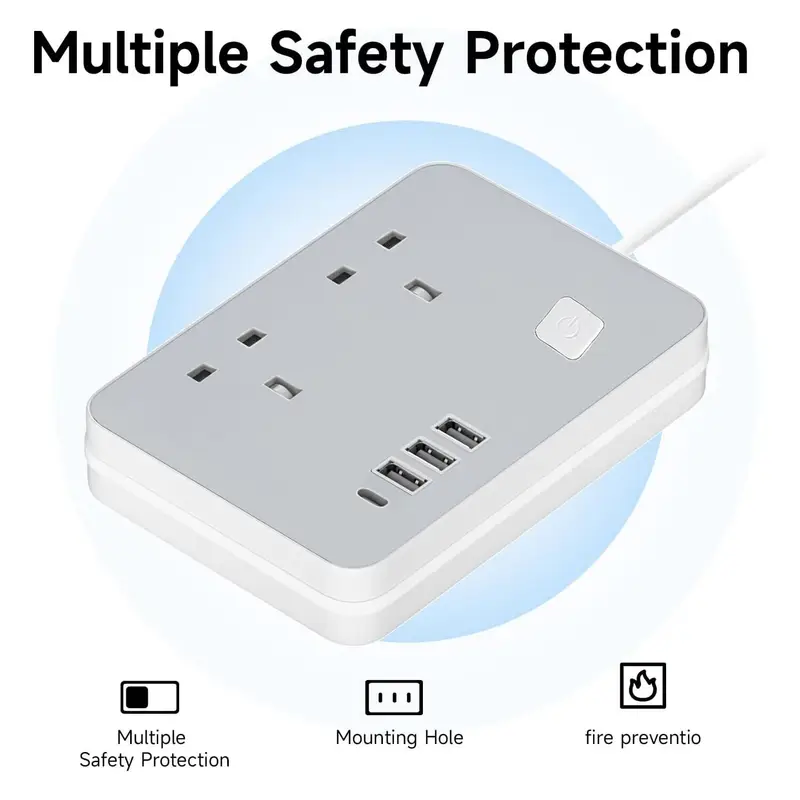A small cube-shaped two-socket extension lead with five USB ports and a front switch.