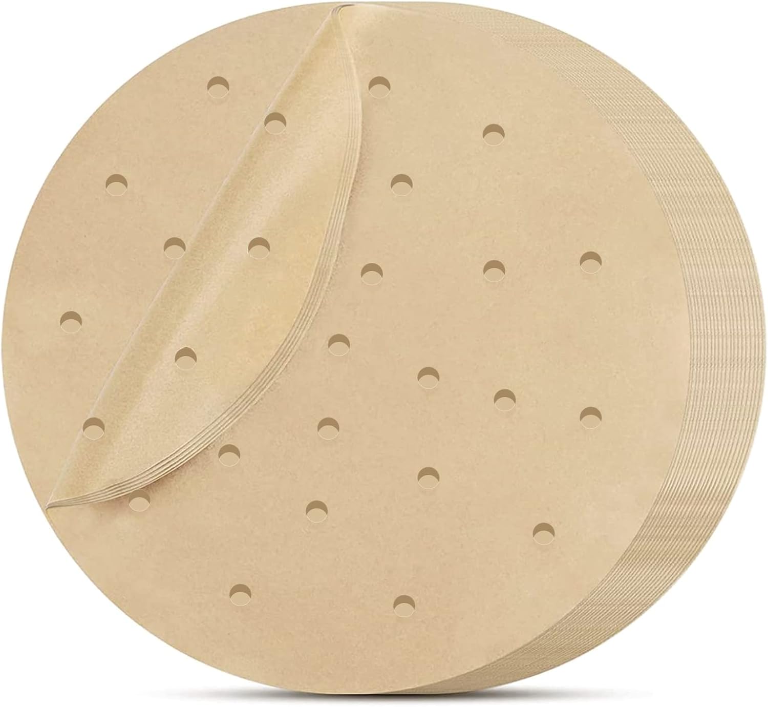 Round unbleached air fryer parchment liners with perforated holes for airflow