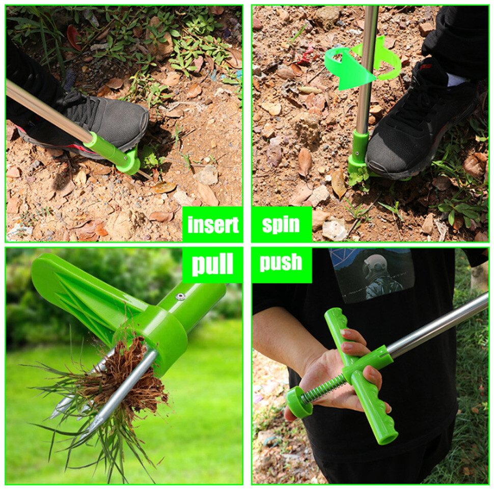 Standing weed puller with long aluminium shaft, green ABS handle and claw root-grip base