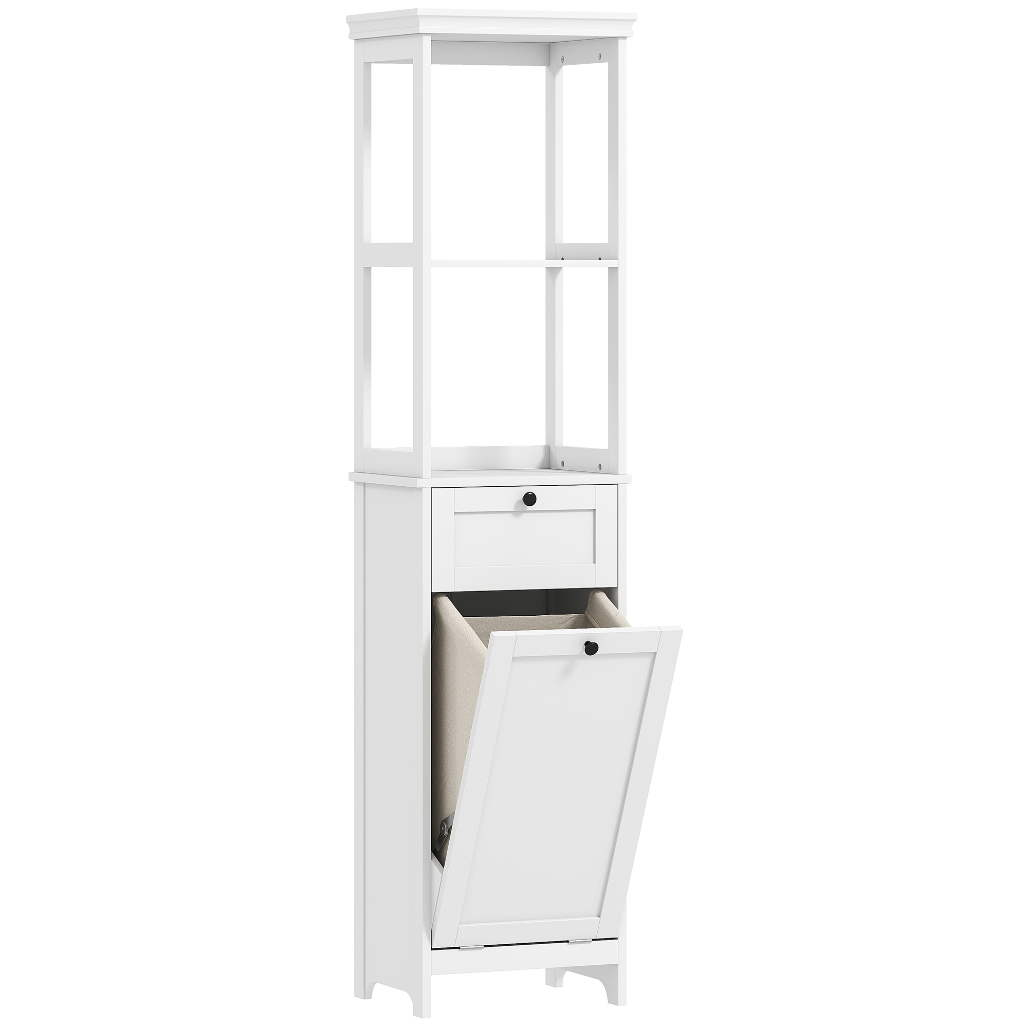 Tall white bathroom cabinet with tilt-out laundry hamper