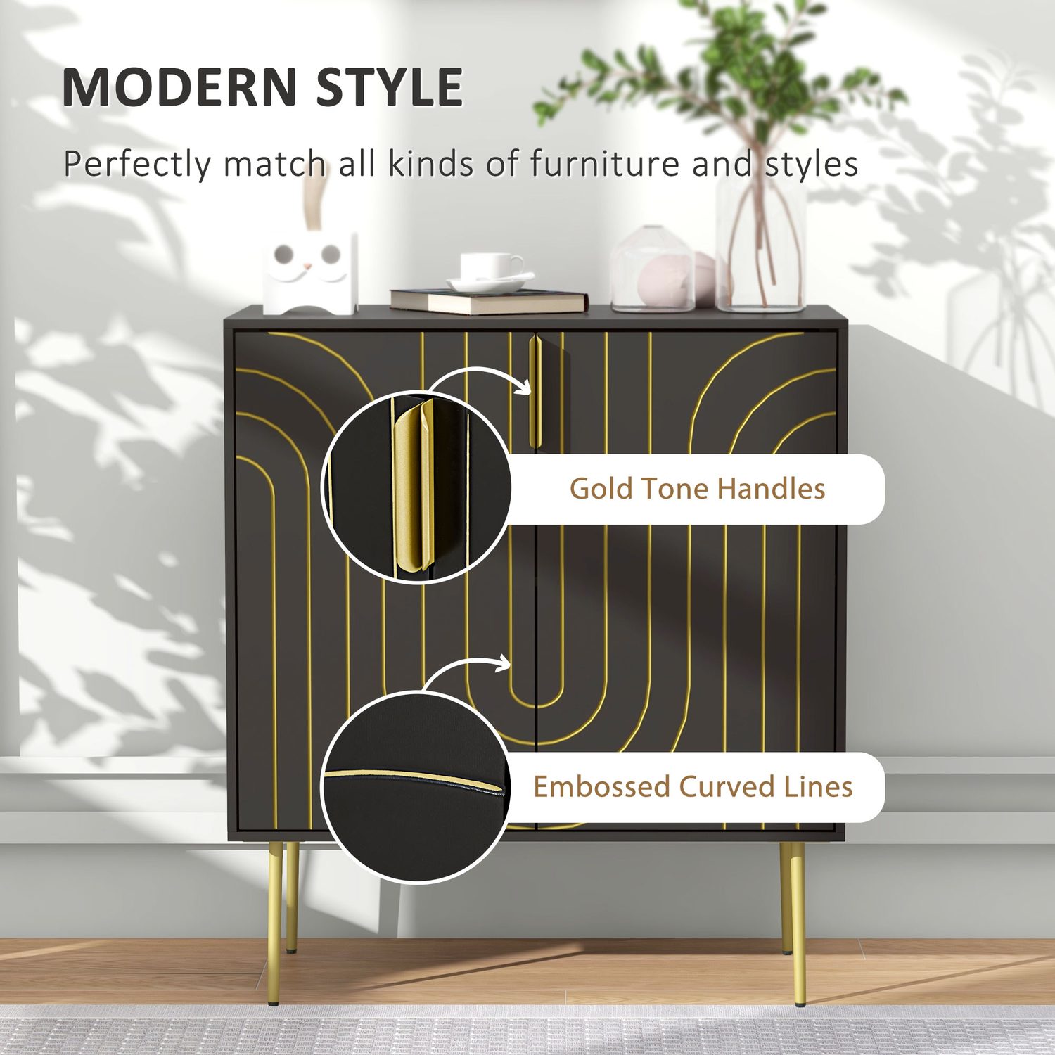 Art Deco black and gold sideboard with embossed door panels