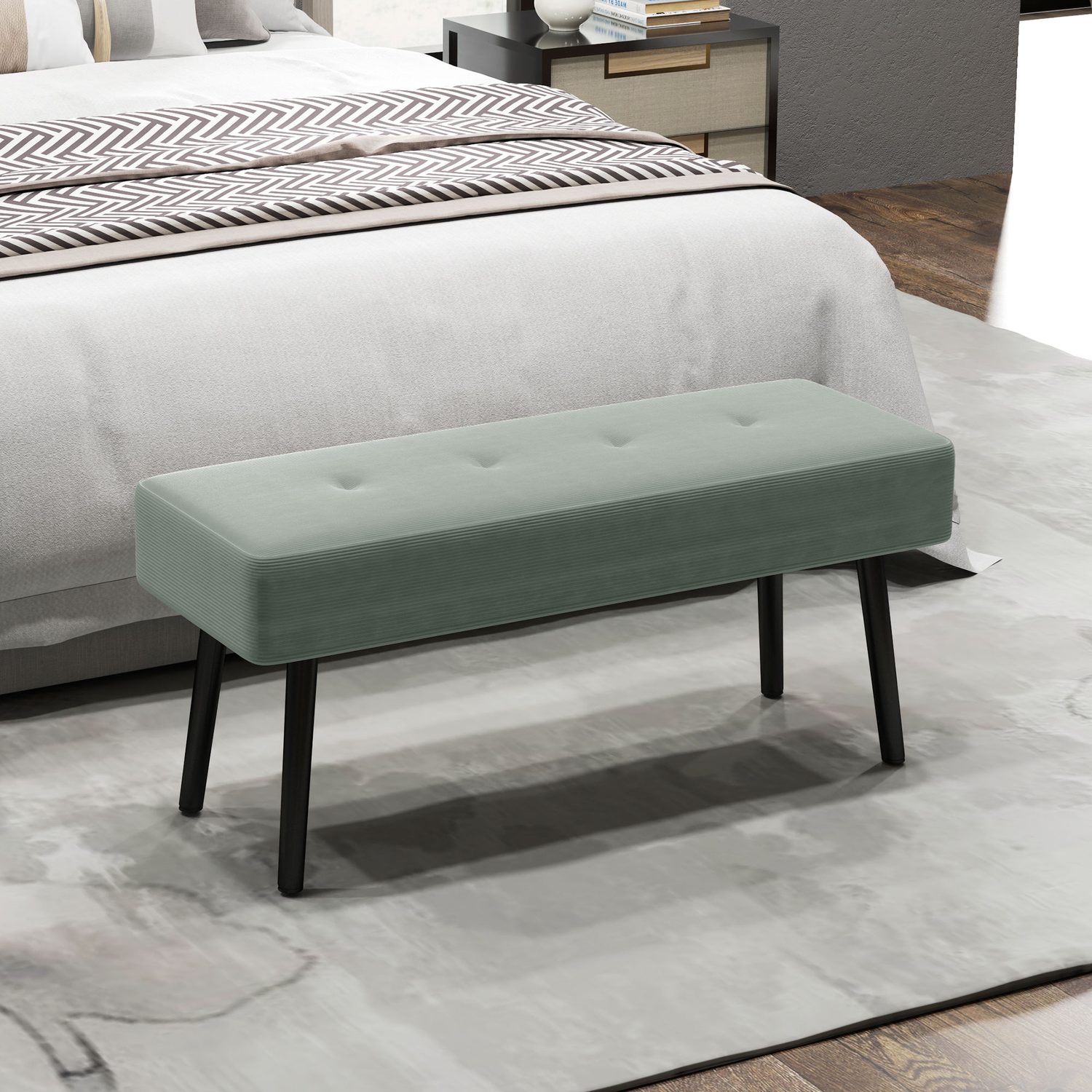 Tufted Corduroy Bench in Sage Green for Bedroom or Hallway