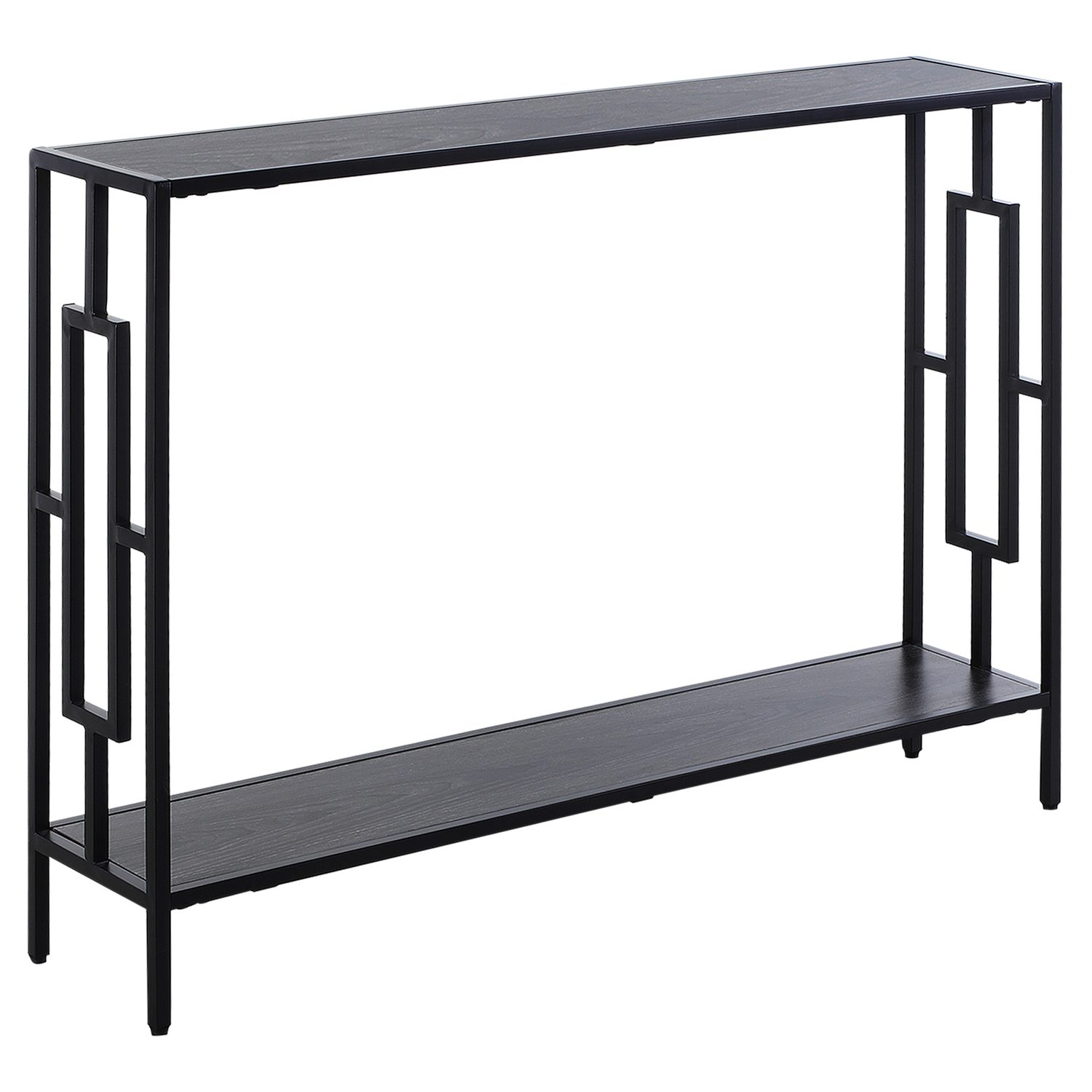 Narrow industrial console table with art-deco geometric metal frame for tight UK hallways