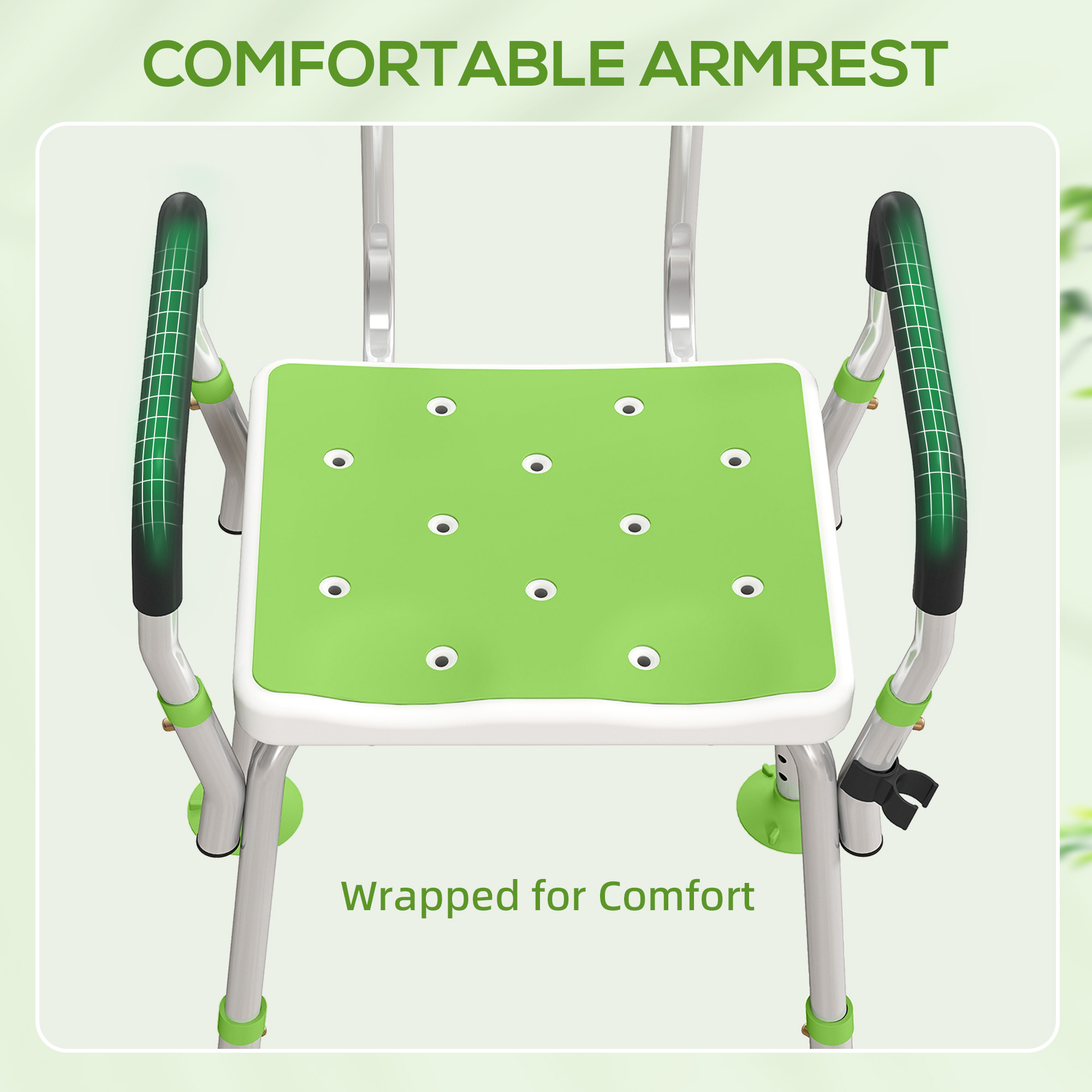 A green shower chair with armrests, a backrest, and four aluminium legs with large rubber suction feet on a tiled floor.