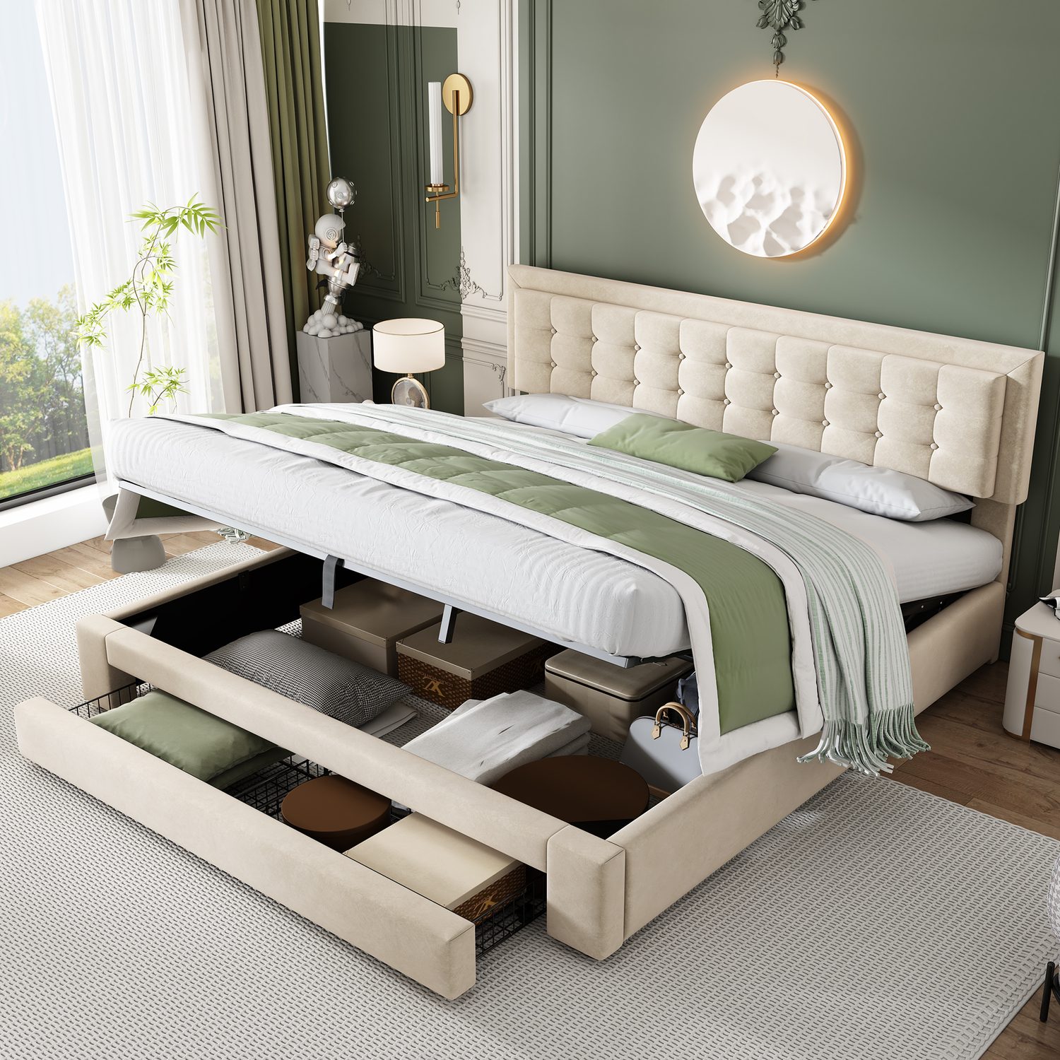 Cream velvet super king upholstered bed with hydraulic lift and wire drawers