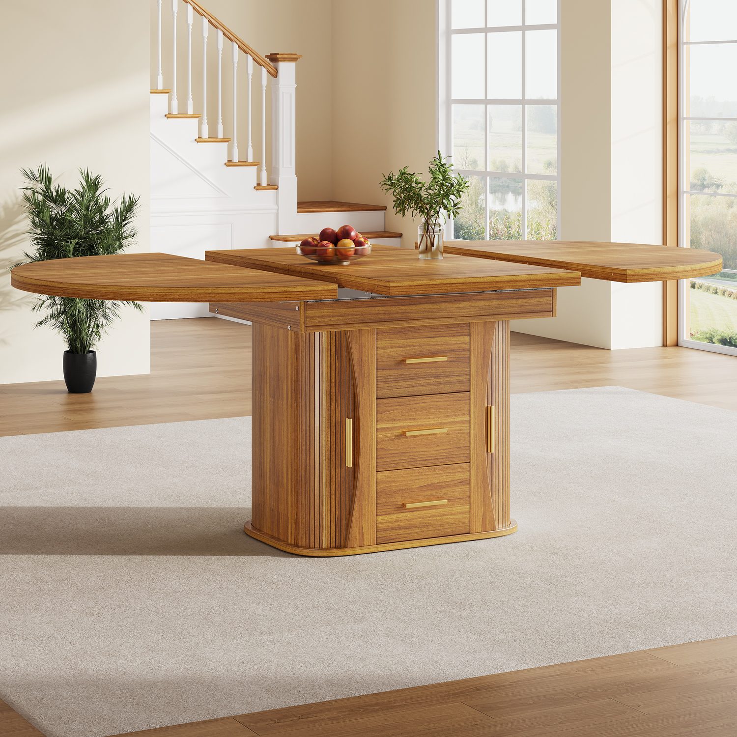 Round to Oval Extendable Dining Table in a Walnut Finish