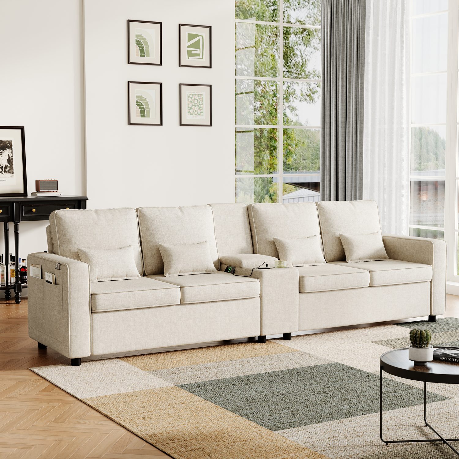 Modern 4-Seater Sofa: Smart Storage & Effortless Charging