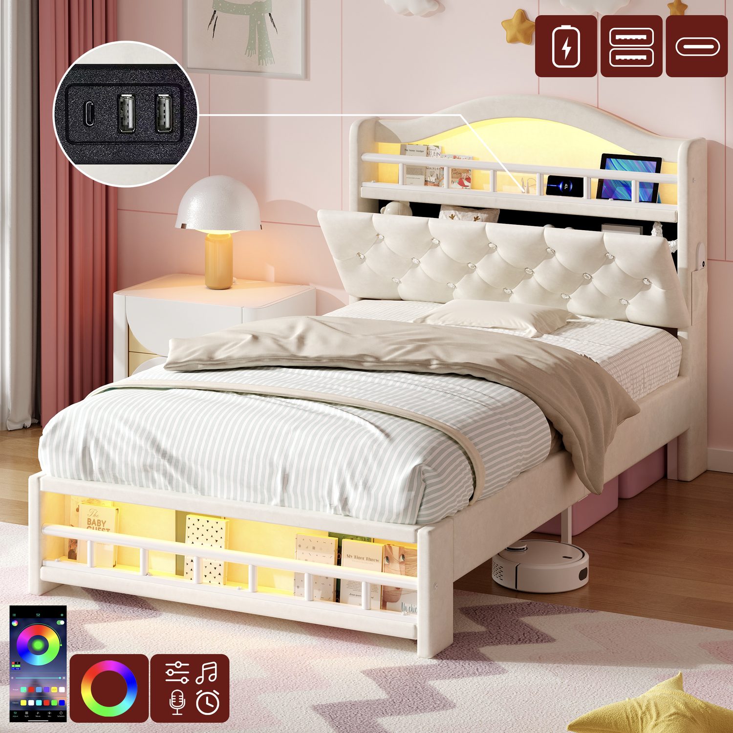 3ft single velvet bed with diamond tufted headboard, LED RGB lighting and USB charging