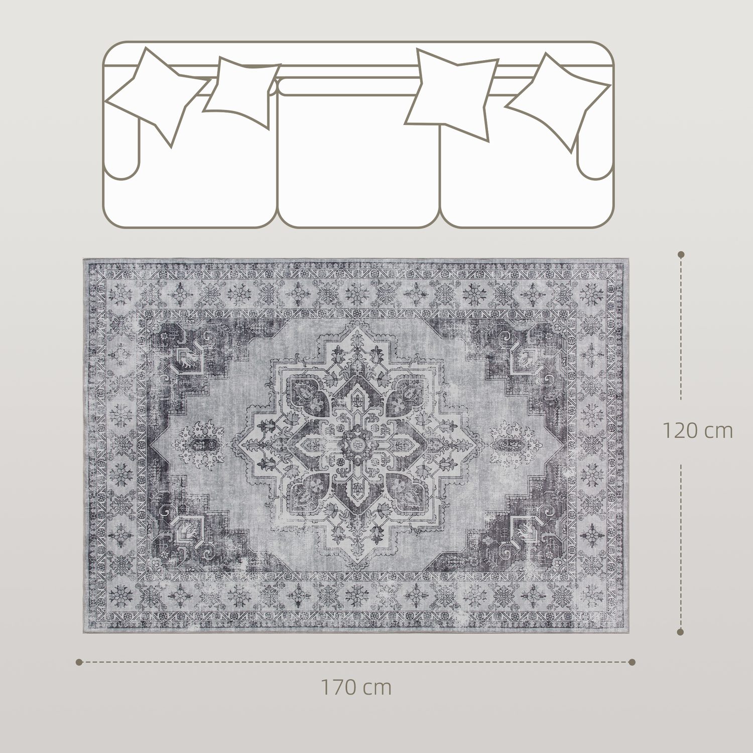 Vintage-Style Grey Washable Rug with Non-Slip Base, 170 x 120 cm