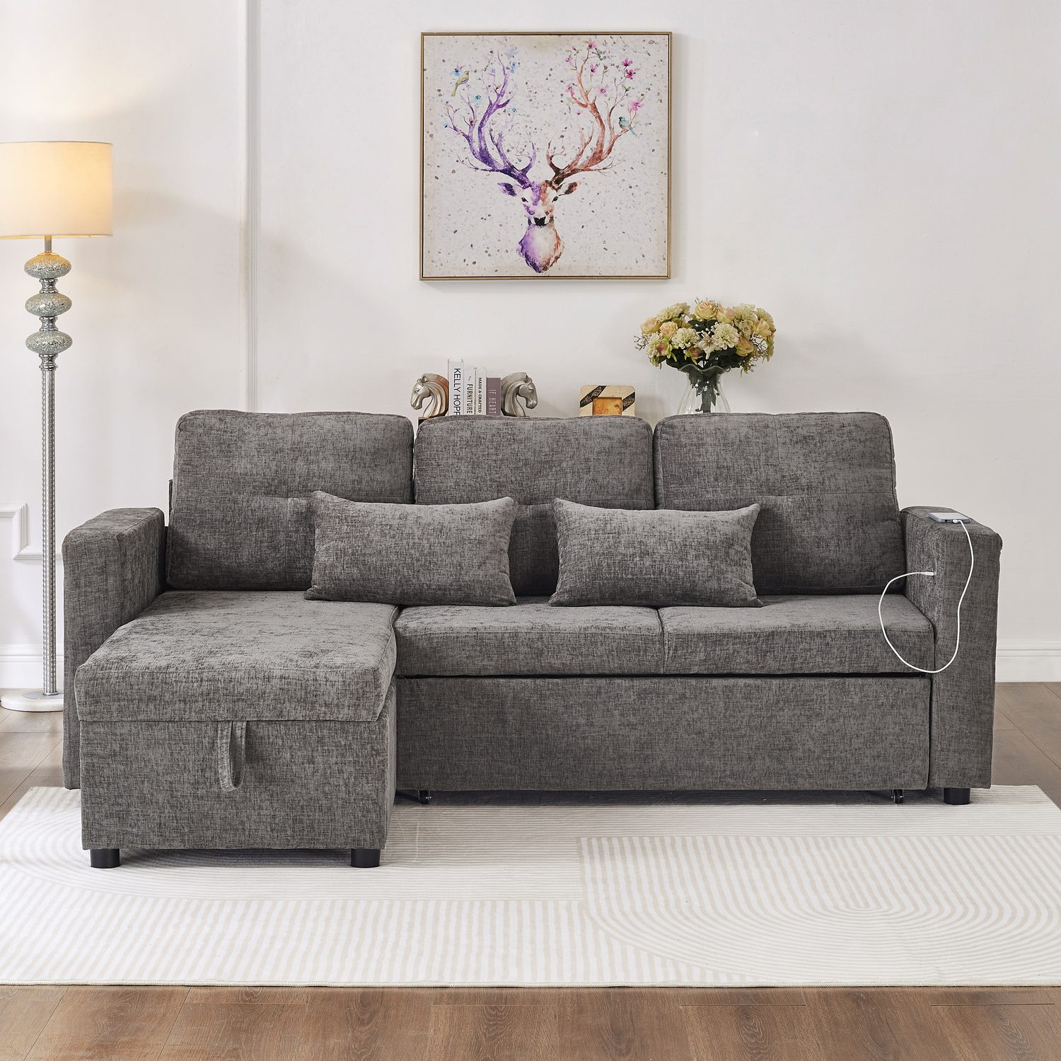 Grey Chenille Corner Sofa Bed with Storage and Integrated USB Charging