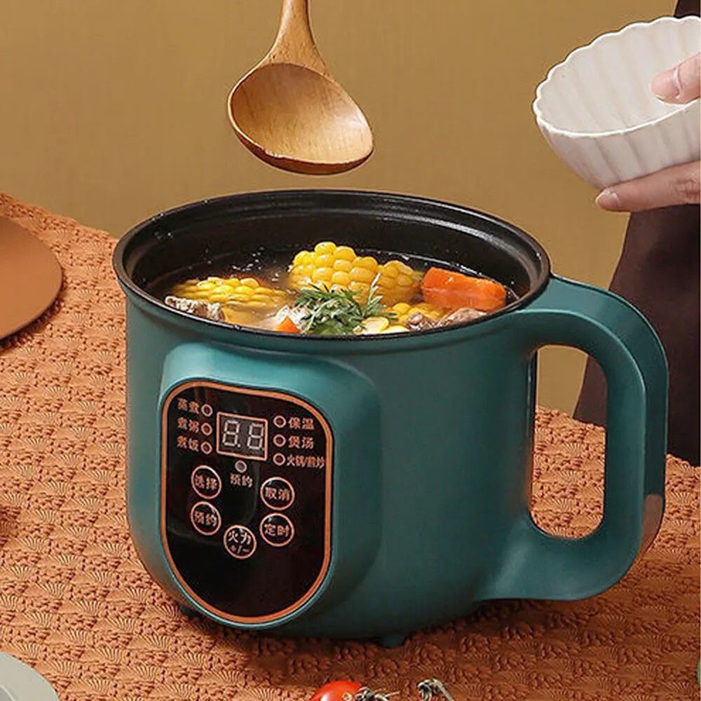 Compact electric rice cooker and hot pot with ceramic non-stick interior
