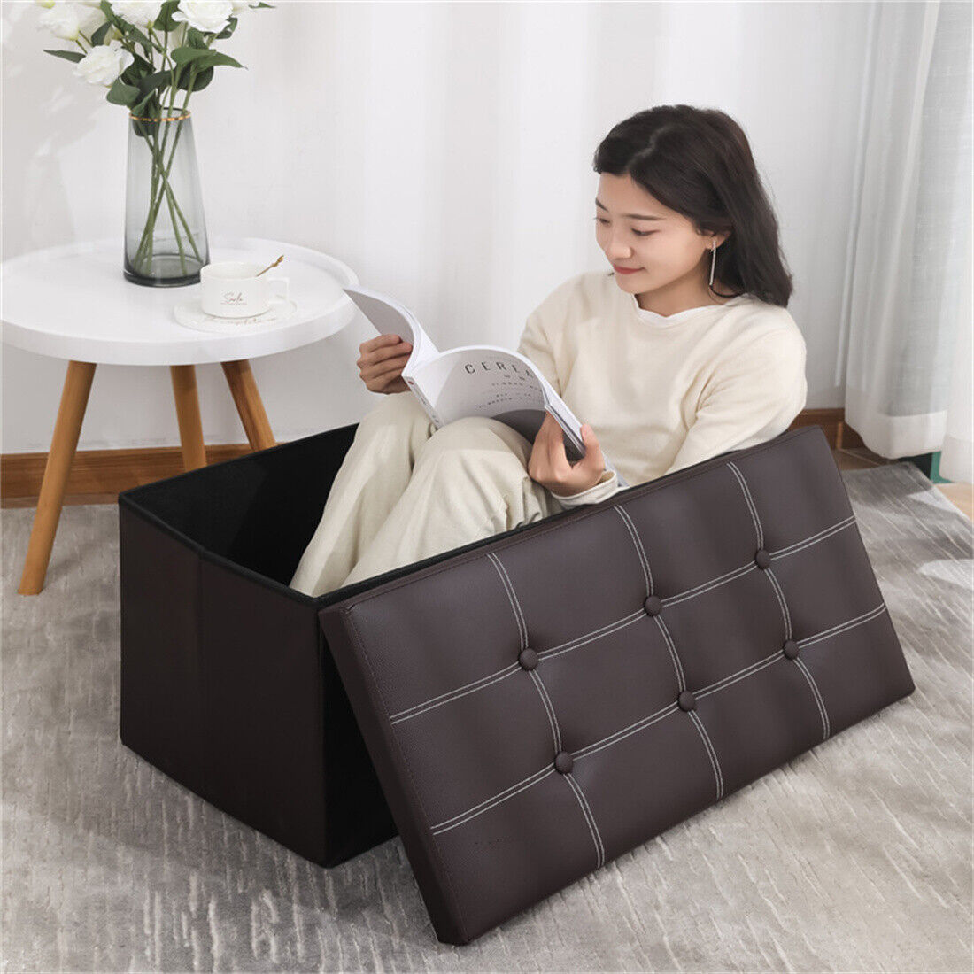 Folding Storage Ottoman Bench in Brown, 76 cm