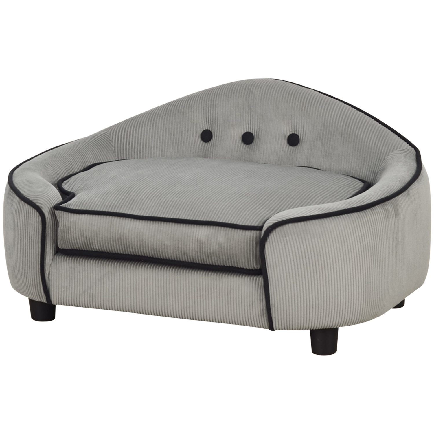 Oval grey PawHut dog sofa with corduroy upholstery, bolstered backrest and black piping trim