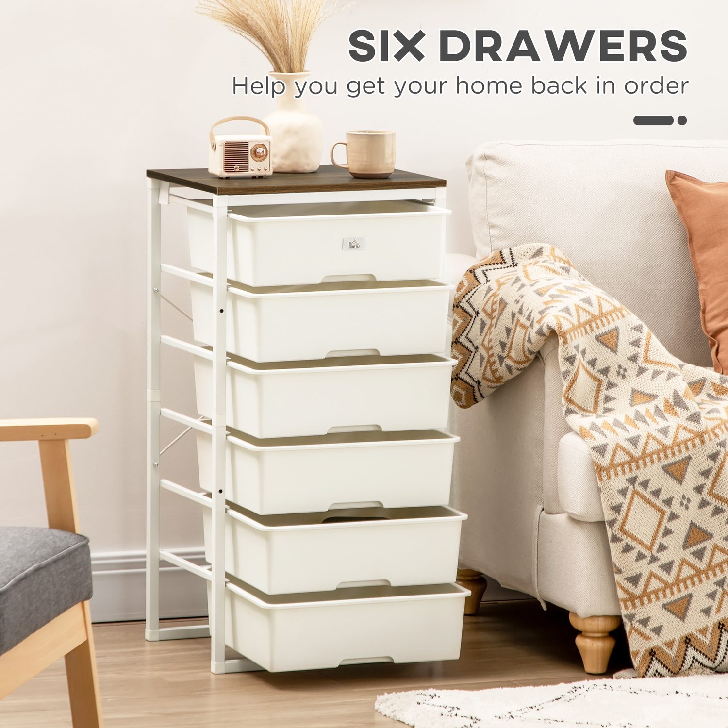 White six-drawer tall chest of drawers with walnut-effect top on a black steel frame
